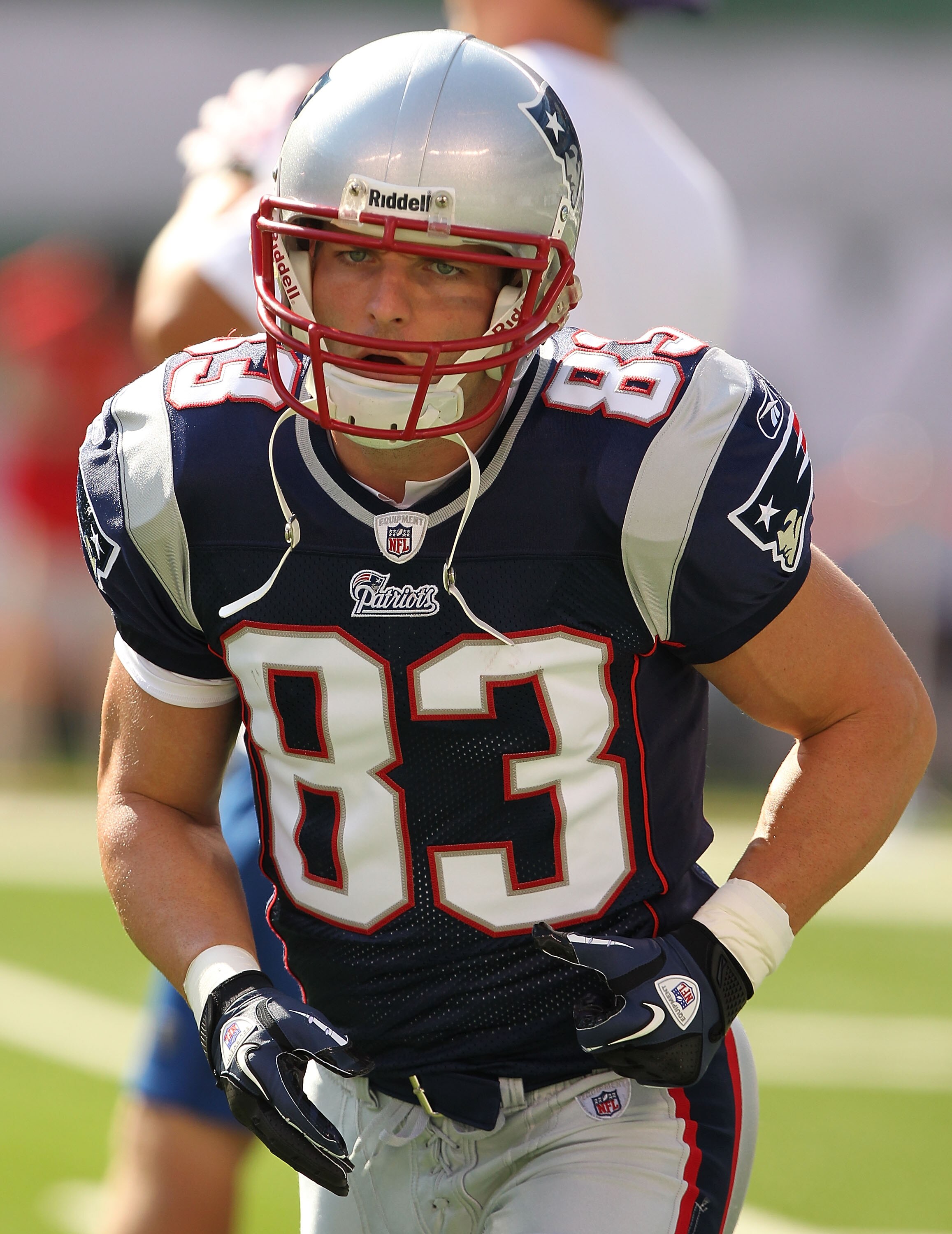 EAST RUTHERFORD, NJ - SEPTEMBER 19: Wes Welker #83 of the New England Patriots warms up before his game against  the New York Jets on September 19, 2010 at the New Meadowlands Stadium  in East Rutherford, New Jersey.  (Photo by Al Bello/Getty Images)