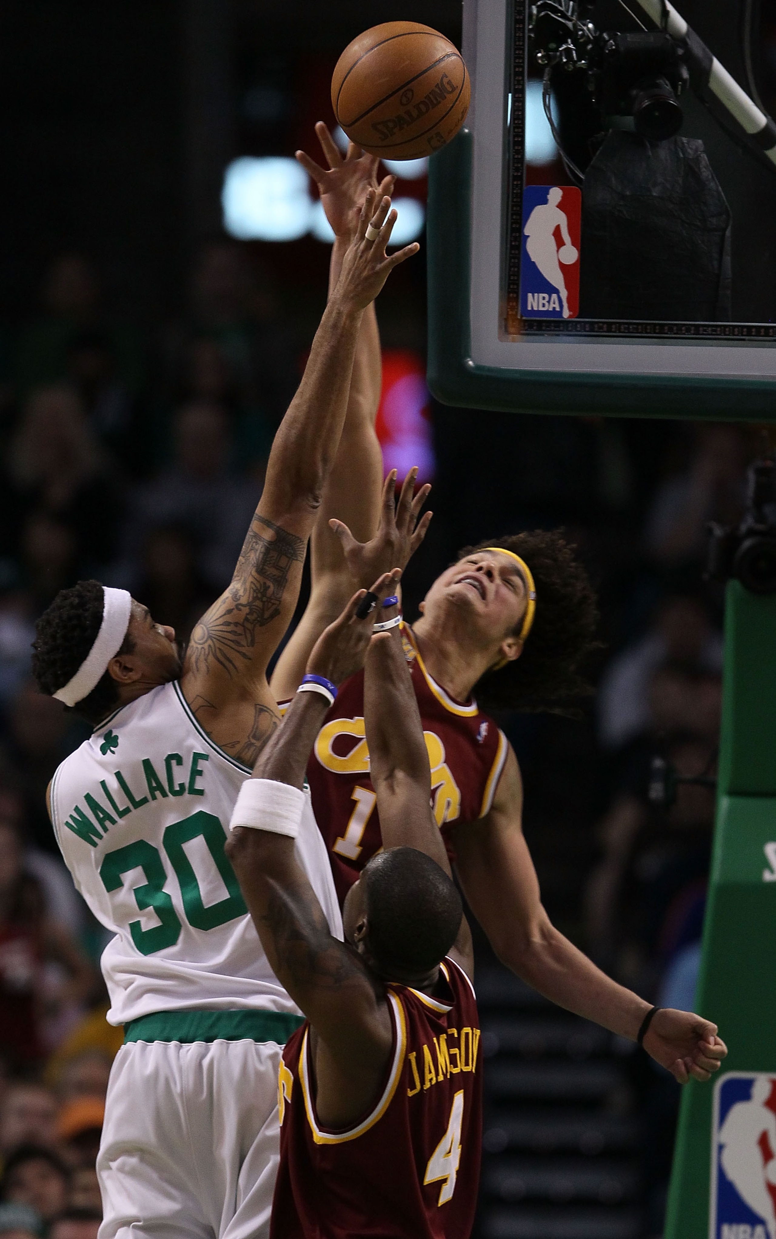 BOSTON - MAY 09: Anderson Varejao #17 of the Cleveland Cavaliers tries to block a shot by Rasheed Wallace #30 of the Boston Celtics during Game Four of the Eastern Conference Semifinals of the 2010 NBA playoffs at TD Garden on May 9, 2010 in Boston, Mass BOSTON - MAY 09: Anderson Varejao #17 of the Cleveland Cavaliers tries to block a shot by Rasheed Wallace #30 of the Boston Celtics during Game Four of the Eastern Conference Semifinals of the 2010 NBA playoffs at TD Garden on May 9, 2010 in Boston, Mass