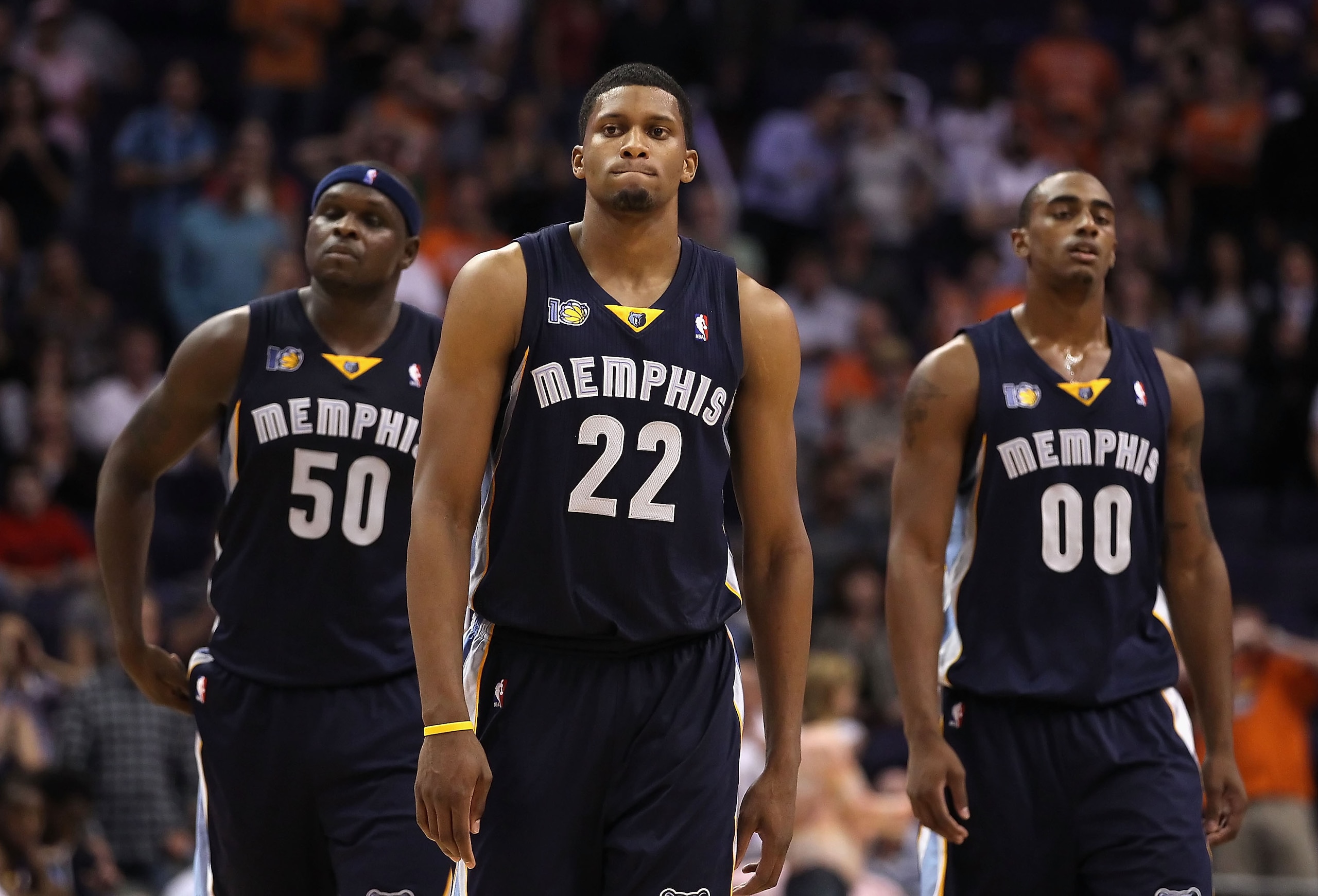 PHOENIX - NOVEMBER 05: (L-R) Zach Randolph #50, Rudy Gay #22 and Darrell Arthur #00 of the Memphis Grizzlies react in the final moments of the NBA game against the Phoenix Suns at US Airways Center on November 5, 2010 in Phoenix, Arizona. The Suns defeat PHOENIX - NOVEMBER 05: (L-R) Zach Randolph #50, Rudy Gay #22 and Darrell Arthur #00 of the Memphis Grizzlies react in the final moments of the NBA game against the Phoenix Suns at US Airways Center on November 5, 2010 in Phoenix, Arizona. The Suns defeat