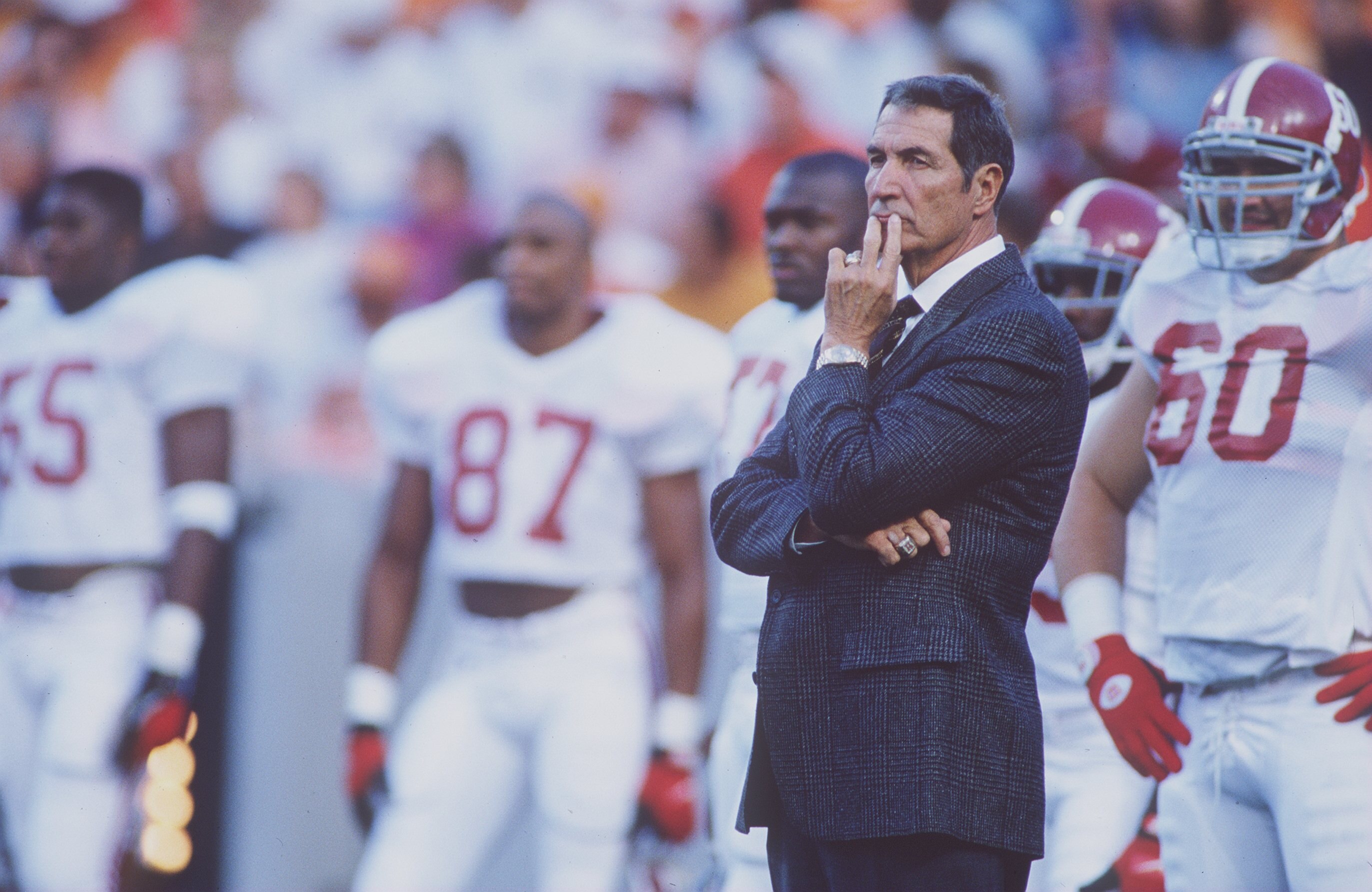 15 OCT 1994:  ALABAMA HEAD COACH GENE STALLINGS STANDS ON THE FIELD WITH HIS TEAM BEFORE THE CRIMSON TIDE'S 17-13 VICTORY OVER THE TENNESSEE VOLUNTEERS AT NEYLAND STADIUM IN KNOXVILLE, TENNESSEE Mandatory Credit: Rick Stewart/ALLSPORT