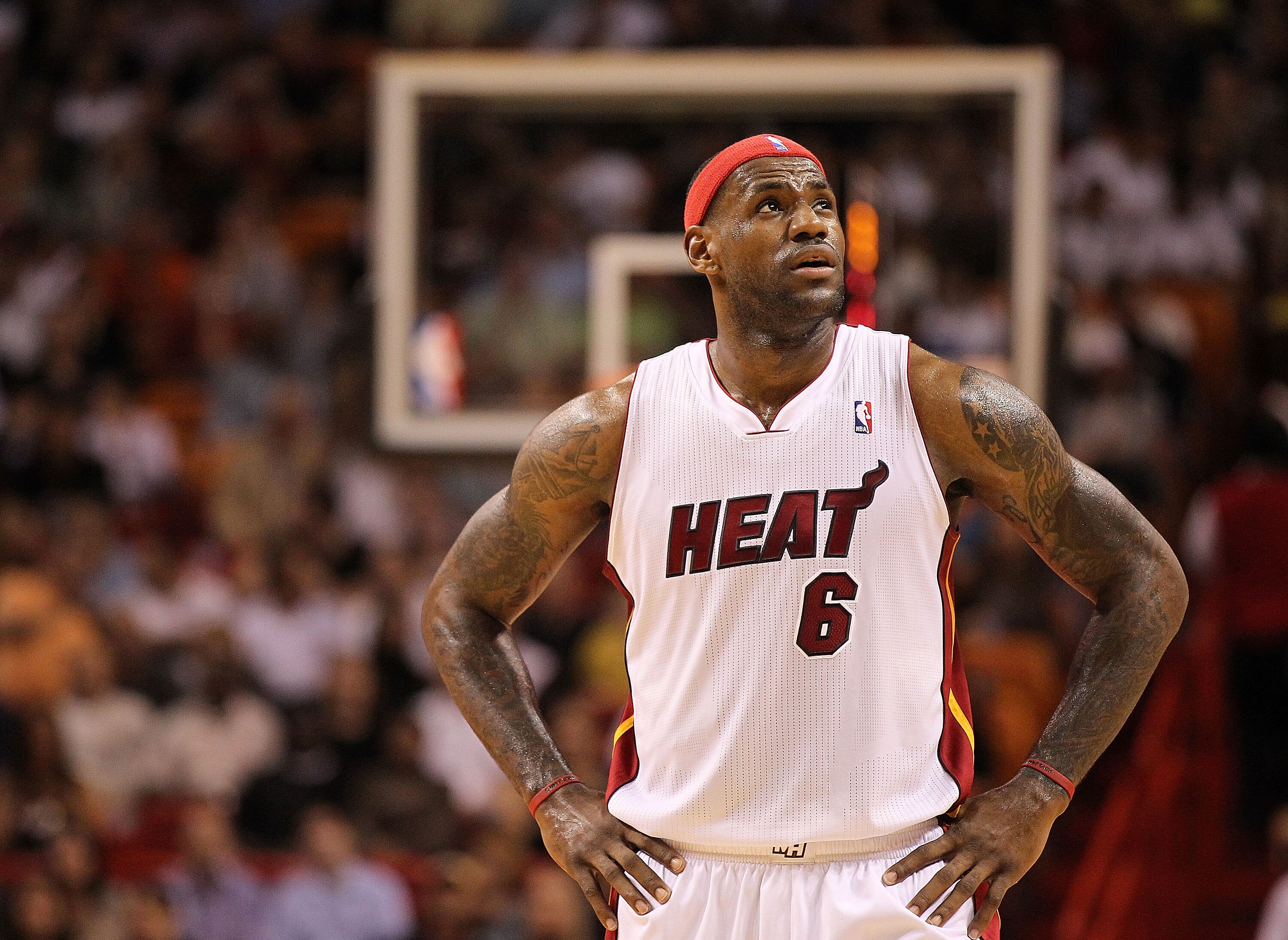 MIAMI, FL - DECEMBER 01: LeBron James #6 of the Miami Heat looks on during a game against the Detroit Pistons at American Airlines Arena on December 1, 2010 in Miami, Florida. NOTE TO USER: User expressly acknowledges and agrees that, by downloading and/o