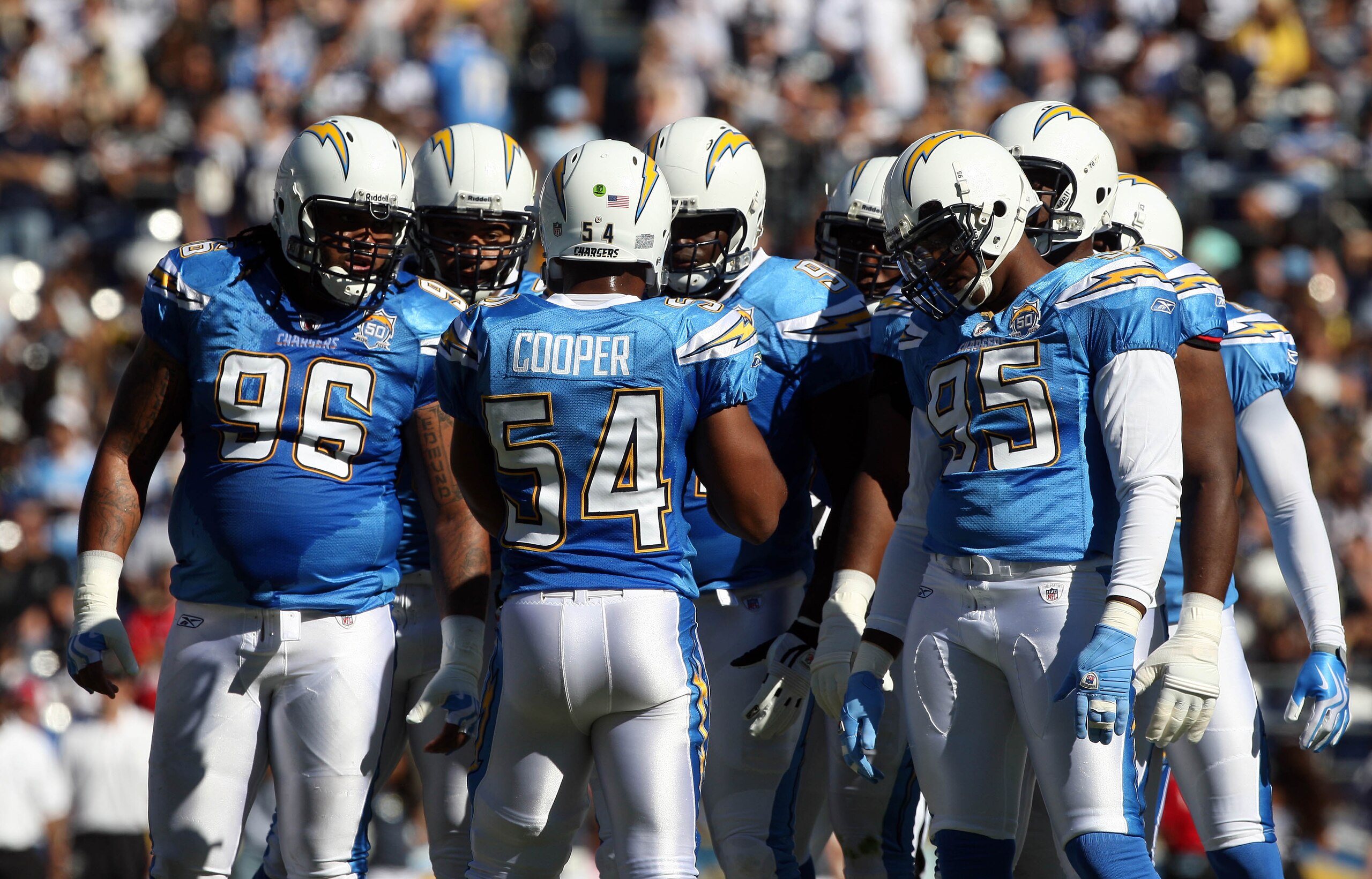 SAN DIEGO, CA - NOVEMBER 1: Linebacker Stephen Cooper #54 of the San Diego Chargers speaks to the defense during the game against the Oakland Raiders on November 1, 2009 at Qualcomm Stadium in San Diego, California. (Photo by Donald Miralle/Getty Images)
