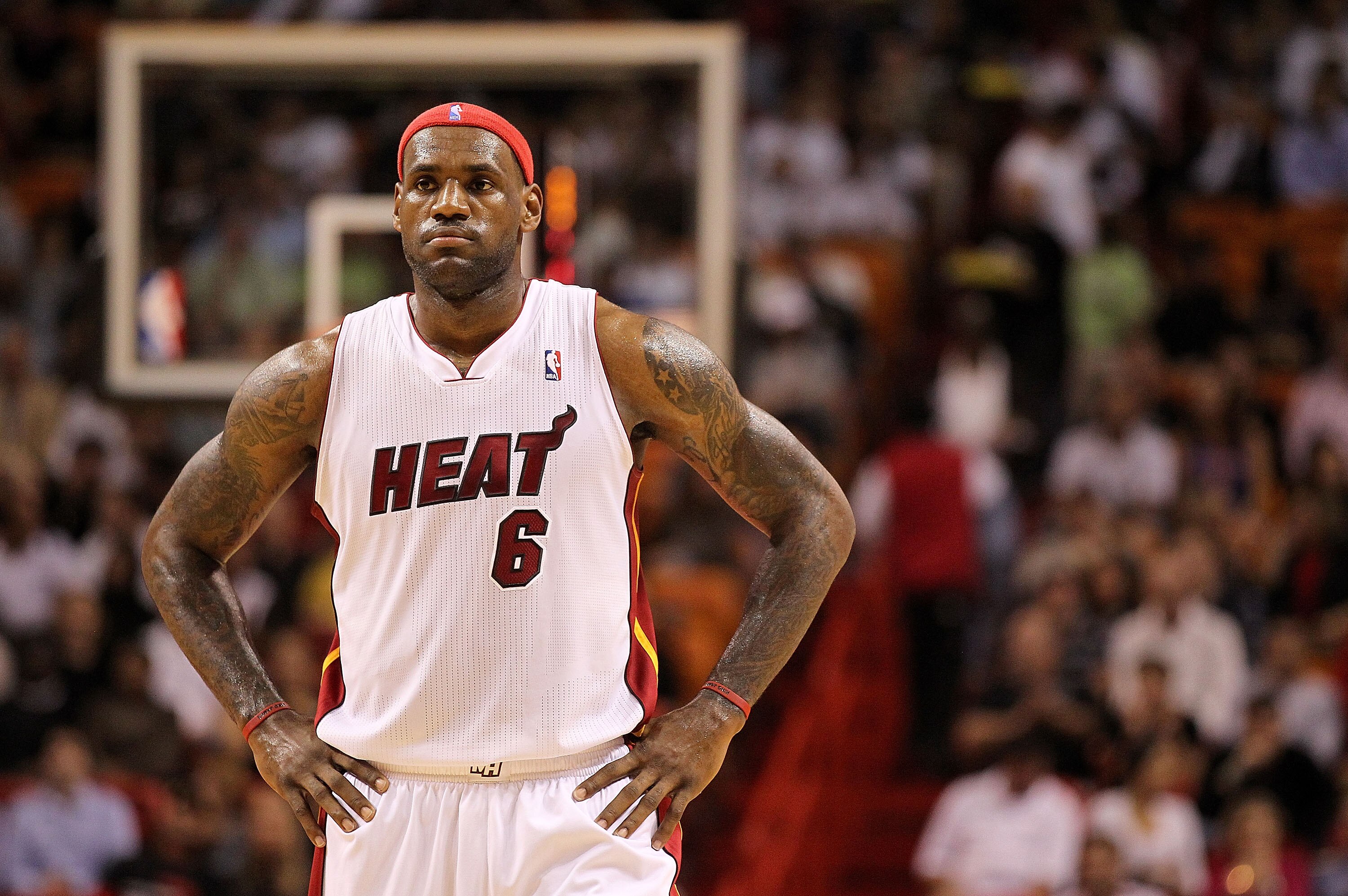 MIAMI, FL - DECEMBER 01:  LeBron James #6 of the Miami Heat looks on during a game against the Detroit Pistons at American Airlines Arena on December 1, 2010 in Miami, Florida. NOTE TO USER: User expressly acknowledges and agrees that, by downloading and/