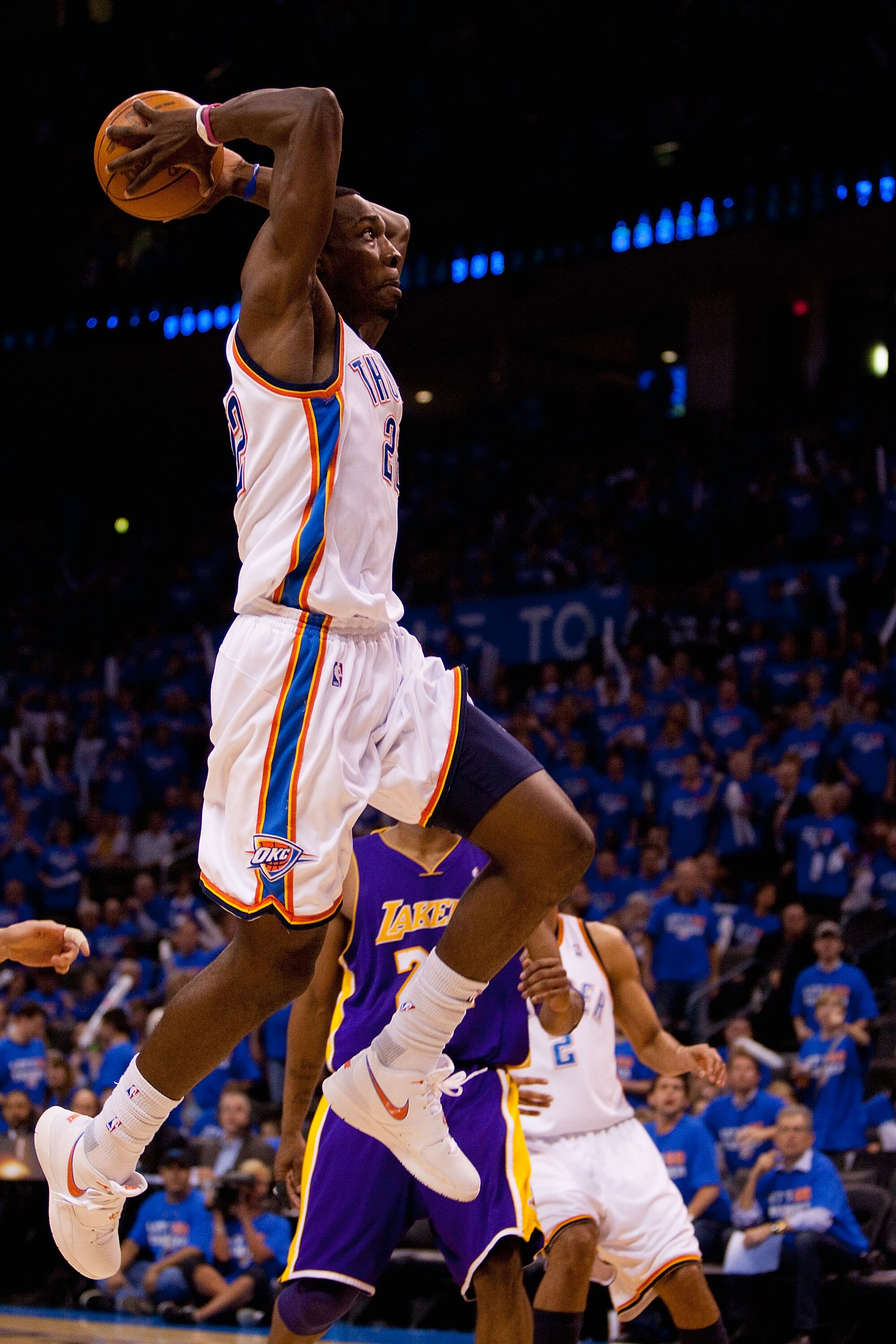 OKLAHOMA CITY - APRIL 30: Jeff Green #22 of the Oklahoma City Thunder flies to the basket against the Los Angeles Lakers during Game Six of the Western Conference Quarterfinals of the 2010 NBA Playoffs on April 30, 2010 at the Ford Center in Oklahoma City