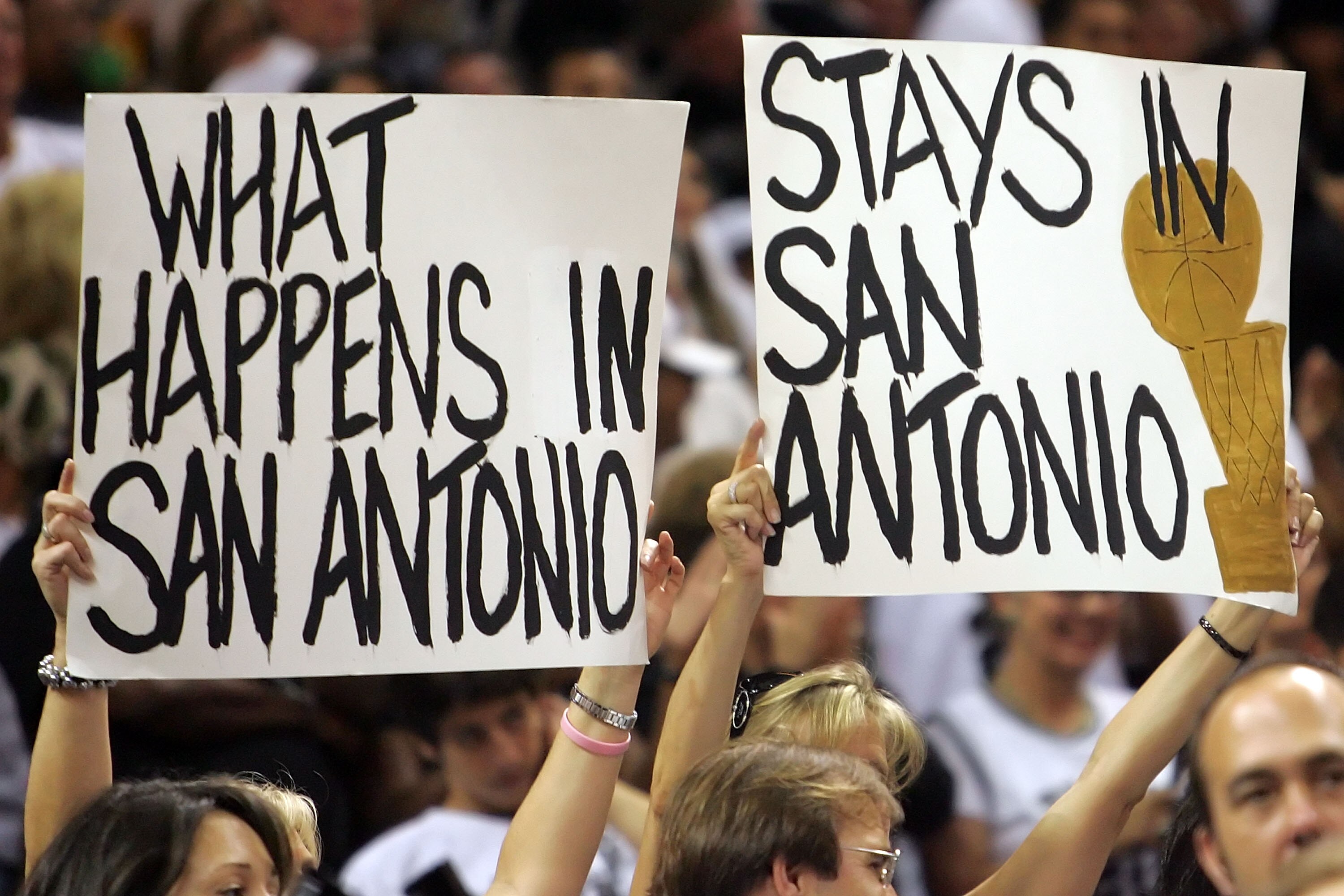 SAN ANTONIO - JUNE 10:  San Antonio Spurs fans hold a sign during Game Two of the 2007 NBA Finals against the Cleveland Cavaliers on June 10, 2007 at the AT&T Center in San Antonio, Texas.  NOTE TO USER: User expressly acknowledges and agrees that, by dow