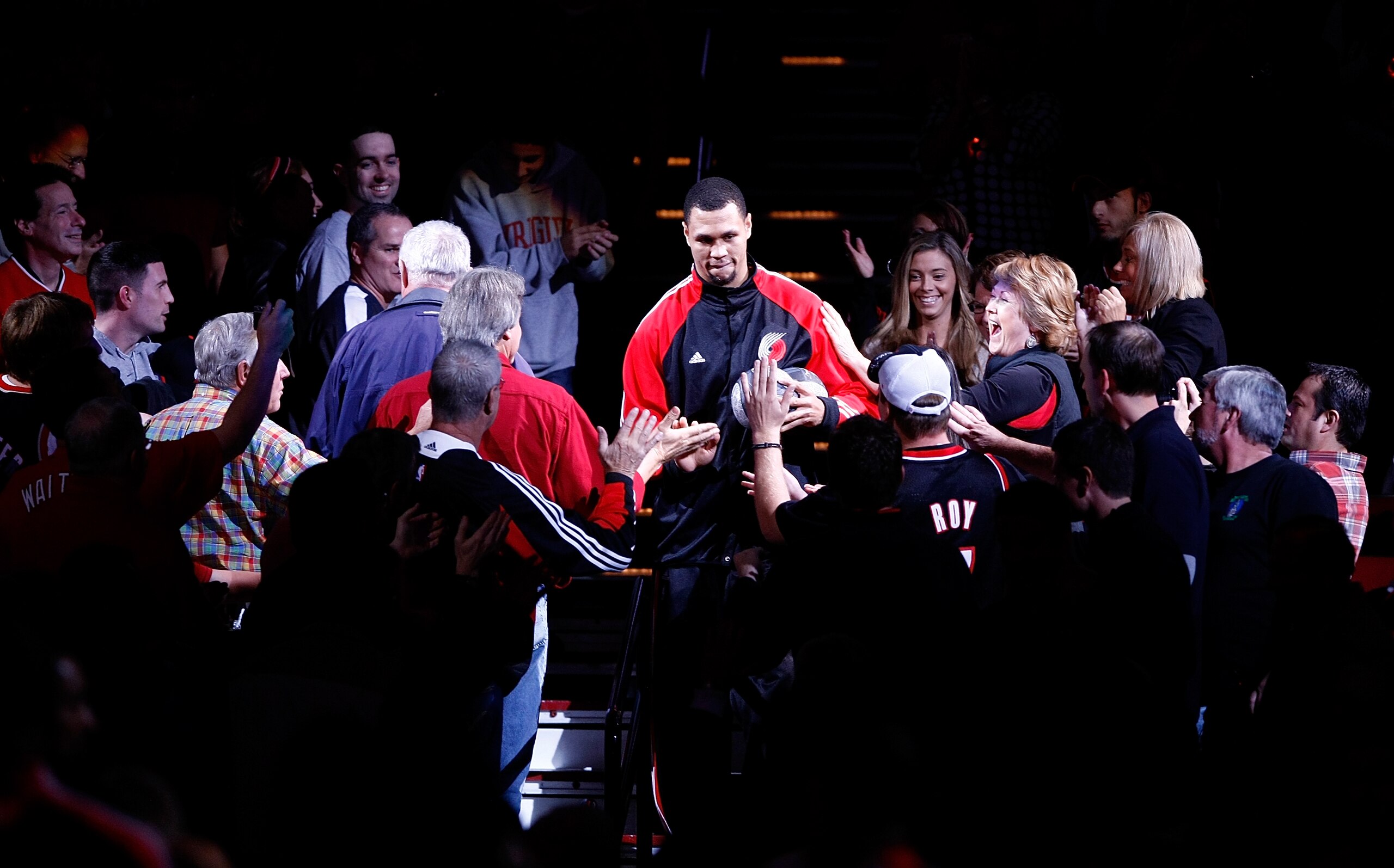 PORTLAND, OR - OCTOBER 27:  Brandon Roy #7 of the Portland Trail Blazers walks through the crowd during player introduction before the opening game against the Houston Rockets during the season opener on October 27, 2009 at the Rose Garden in Portland, Or
