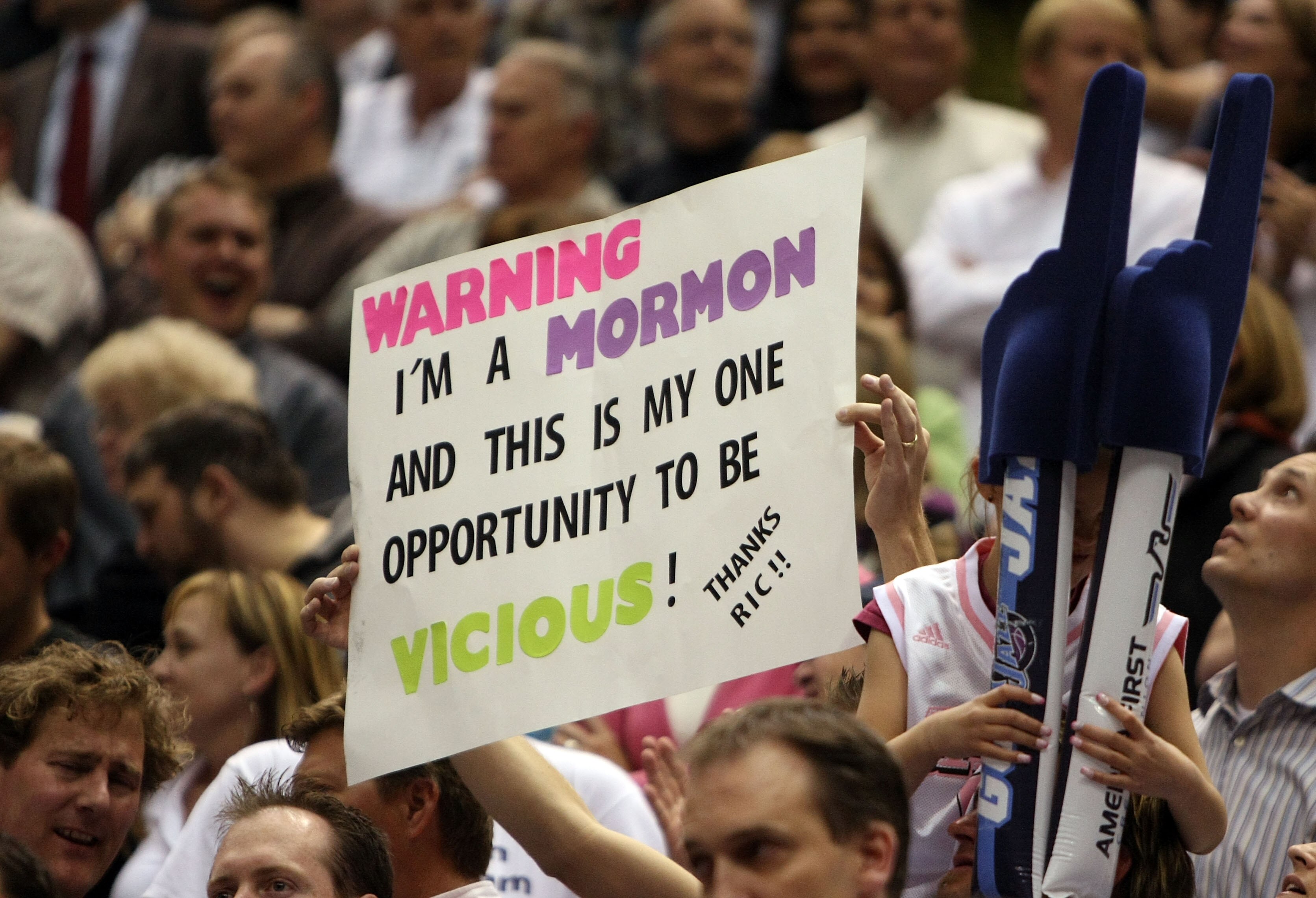 SALT LAKE CITY - MAY 02:  A Utah Jazz fan holds up sign during action against the Houston Rockets in Game Six of the Western Conference Quarterfinals during the 2008 NBA Playoffs at Energy Solutions Arena on May 2, 2008 in Salt Lake City. NOTE TO USER: Us