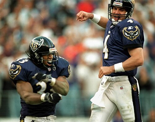 Jim Harbaugh and Priest Holmes celebrate winning touchdown over Colts