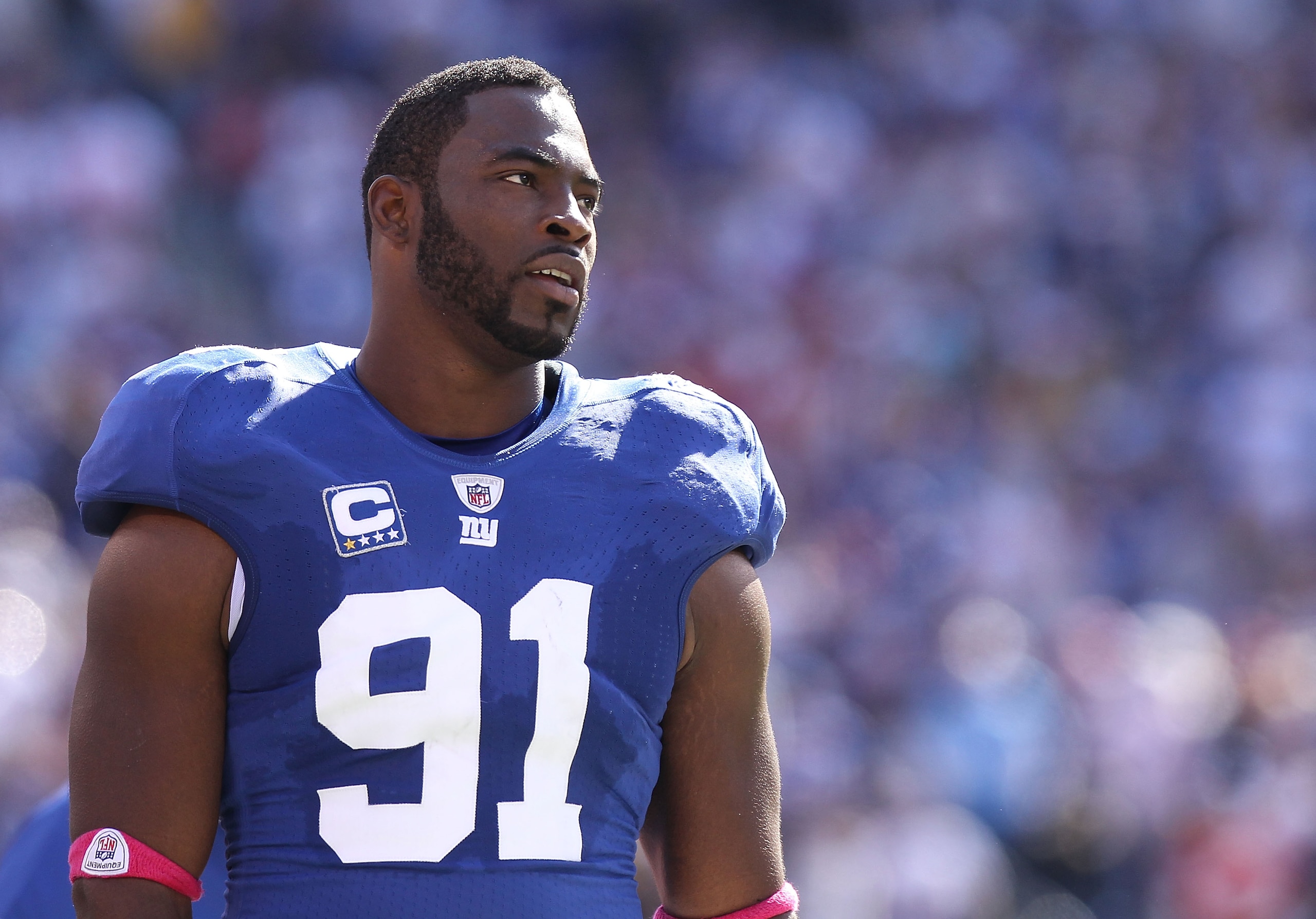 EAST RUTHERFORD, NJ - OCTOBER 17: Justin Tuck #91 of the New York Giants against the Detroit Lions at New Meadowlands Stadium on October 17, 2010 in East Rutherford, New Jersey. (Photo by Nick Laham/Getty Images) EAST RUTHERFORD, NJ - OCTOBER 17: Justin Tuck #91 of the New York Giants against the Detroit Lions at New Meadowlands Stadium on October 17, 2010 in East Rutherford, New Jersey. (Photo by Nick Laham/Getty Images)