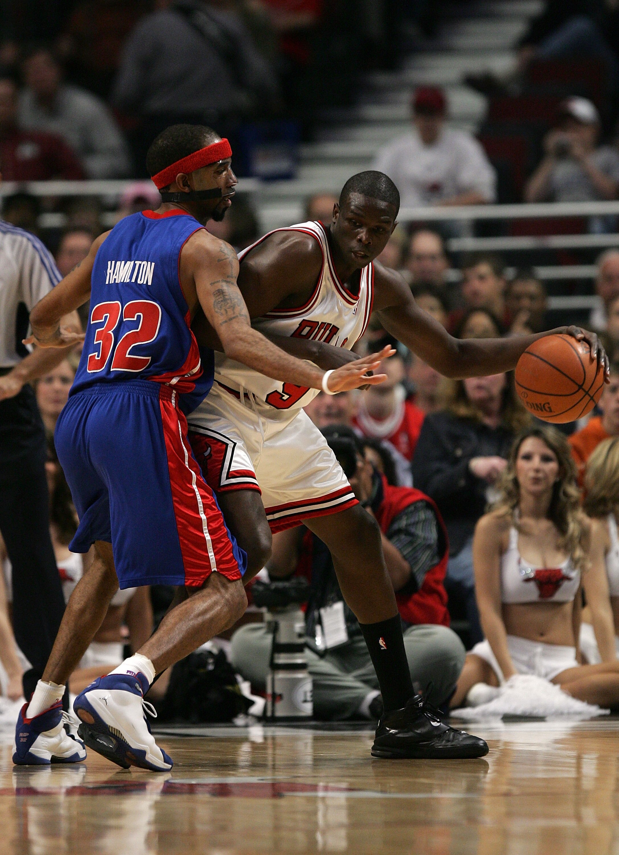 CHICAGO - MAY 13:  Luol Deng #9 of the Chicago Bullsmoves the ball against Richard Hamilton #32 of the Detroit Pistons in Game Four of the Eastern Conference Semifinals during the 2007 NBA Playoffs at the United Center on May 13, 2007 in Chicago, Illinois