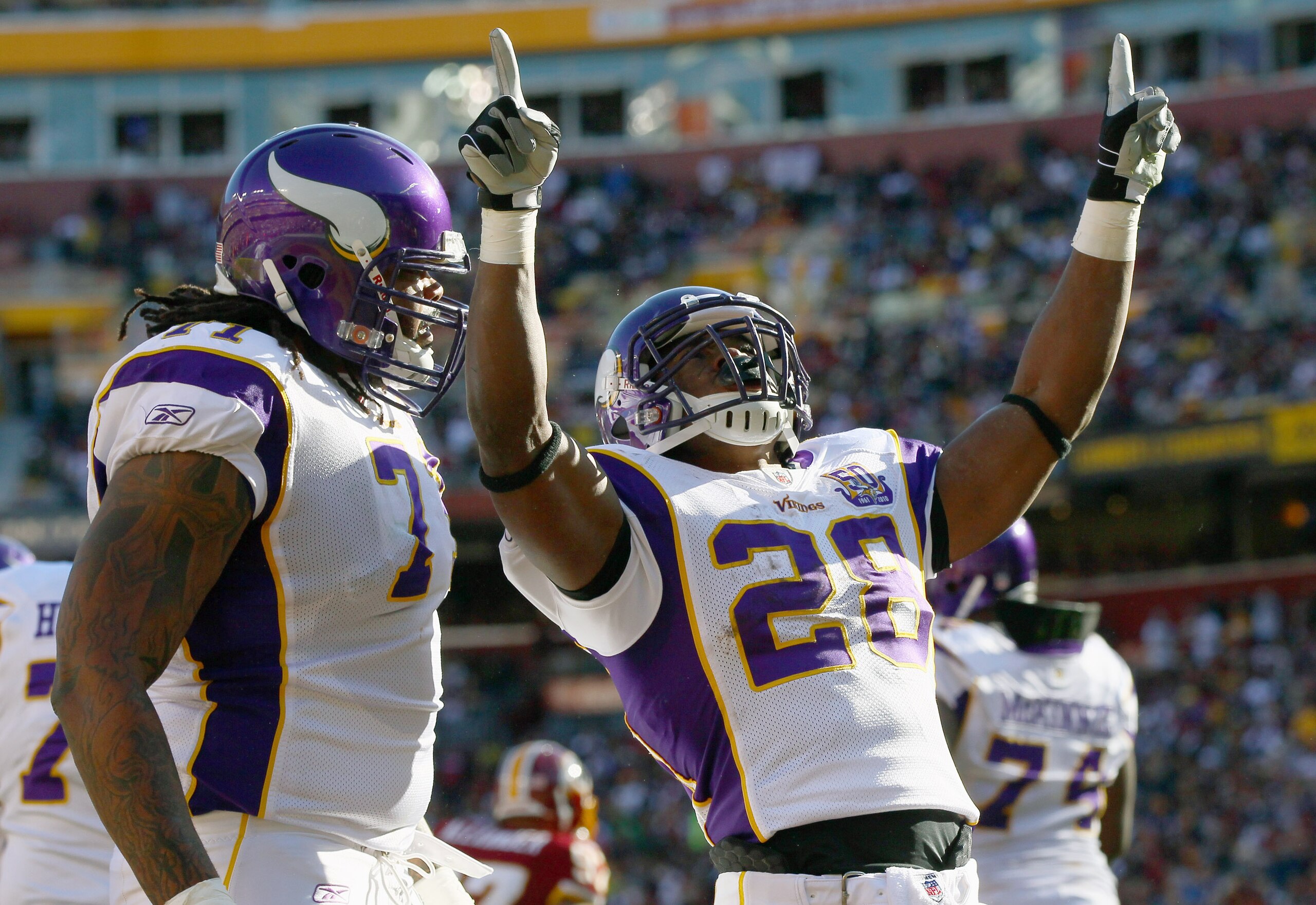 LANDOVER, MD - NOVEMBER 28: Adrian Peterson #28 of the Minnesota Vikings celebrates after scoring a touchdown in the first quarter against the Washington Redskins at FedExField November 28, 2010 in Landover, Maryland. (Photo by Win McNamee/Getty Images) LANDOVER, MD - NOVEMBER 28: Adrian Peterson #28 of the Minnesota Vikings celebrates after scoring a touchdown in the first quarter against the Washington Redskins at FedExField November 28, 2010 in Landover, Maryland. (Photo by Win McNamee/Getty Images)