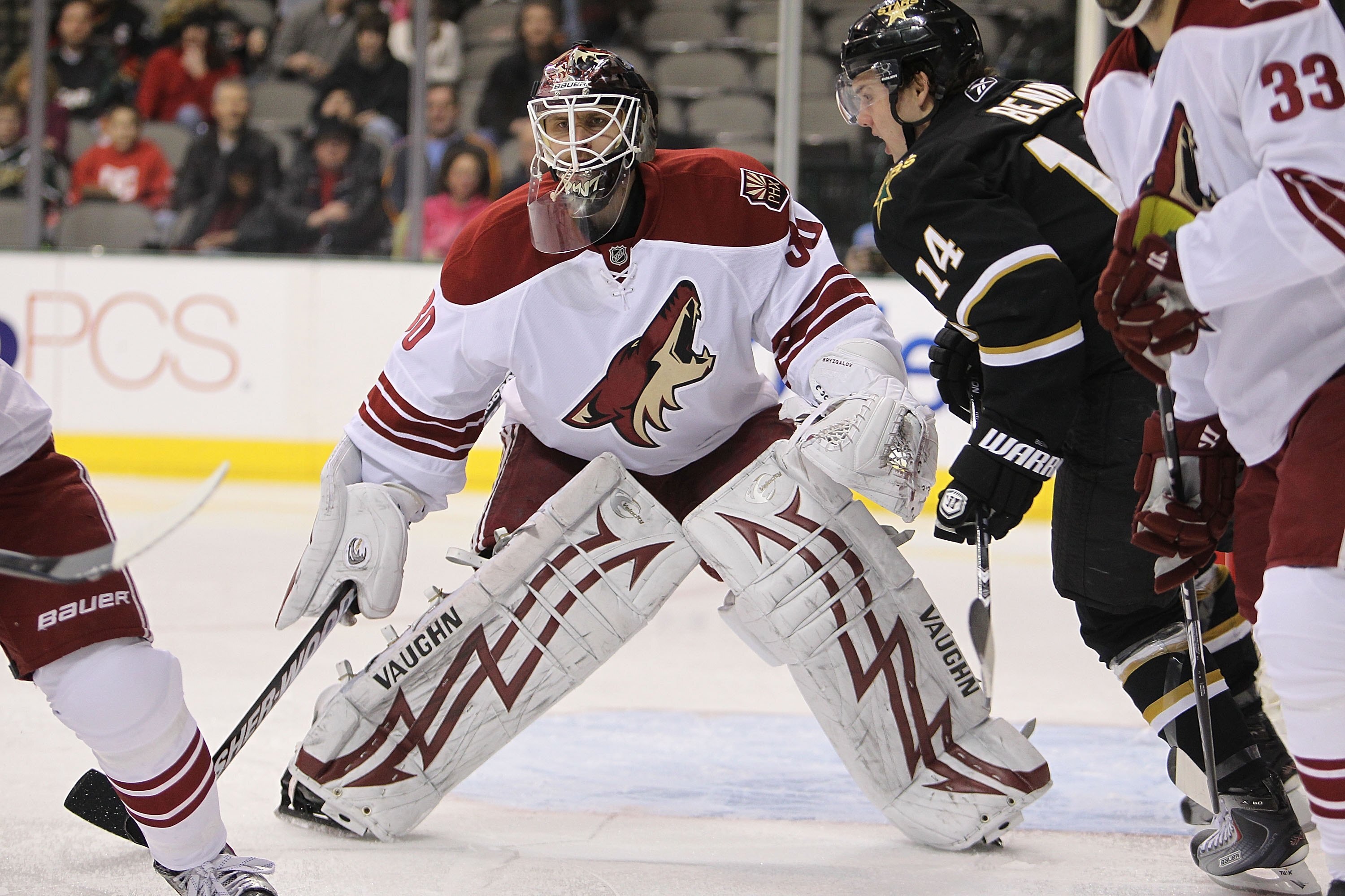 DALLAS - JANUARY 31:  Goaltender Ilya Bryzgalov #30 of the Phoenix Coyotes at American Airlines Center on January 31, 2010 in Dallas, Texas.  (Photo by Ronald Martinez/Getty Images)