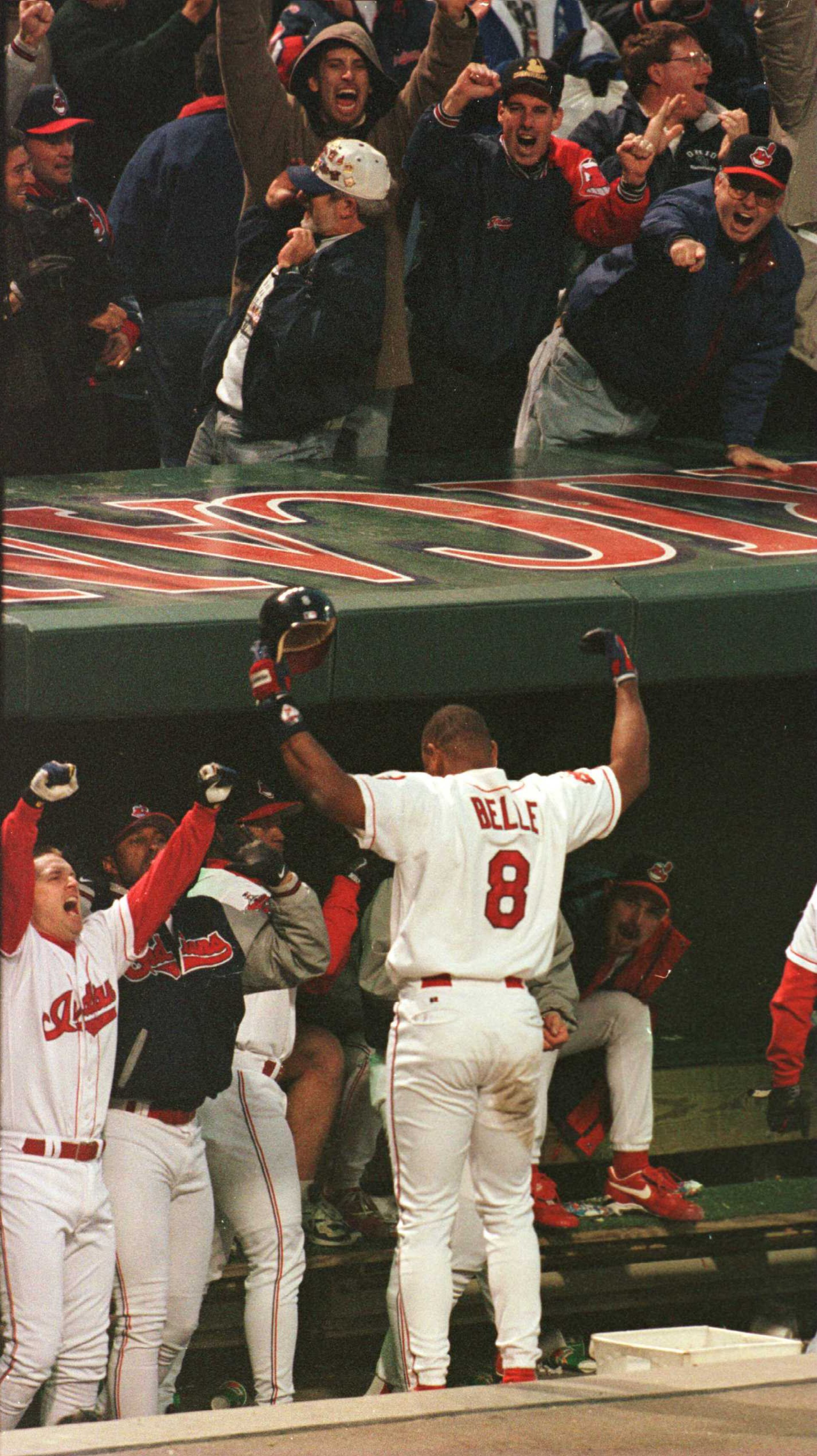 4 Oct 1996: Albert Belle of the Cleveland Indians cheers on the fans after hitting a grand slam against the Baltimore Orioles in the seventh inning. The Indians defeated the Orioles 9-4 in game three of the American League Divisional Series at Jacobs Fiel