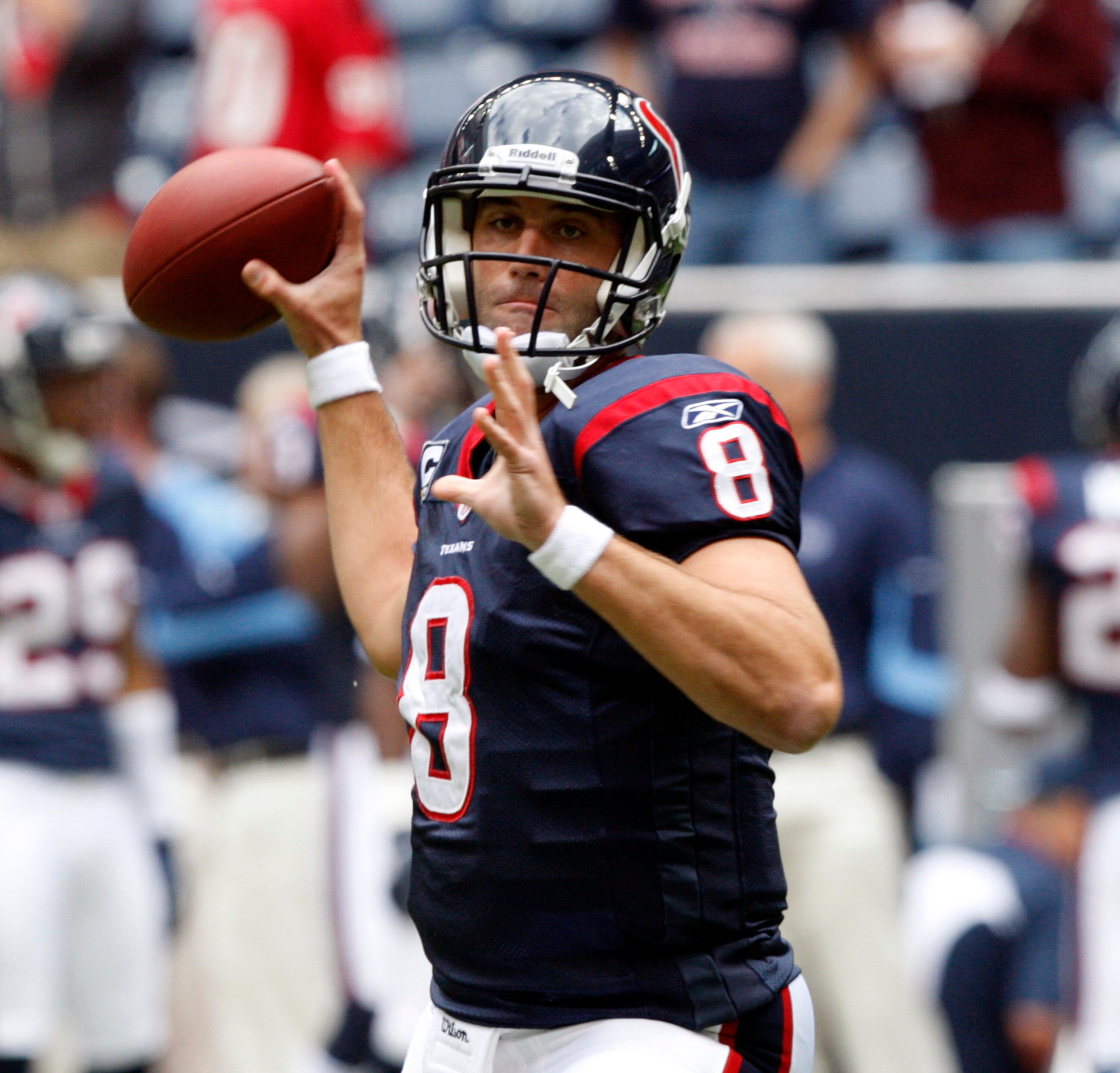 HOUSTON - NOVEMBER 28:  Quarterback Matt Schaub #8 of the Houston Texans throws passess during pre-game warm ups before playing the Tennessee Titans at Reliant Stadium on November 28, 2010 in Houston, Texas.  (Photo by Bob Levey/Getty Images)