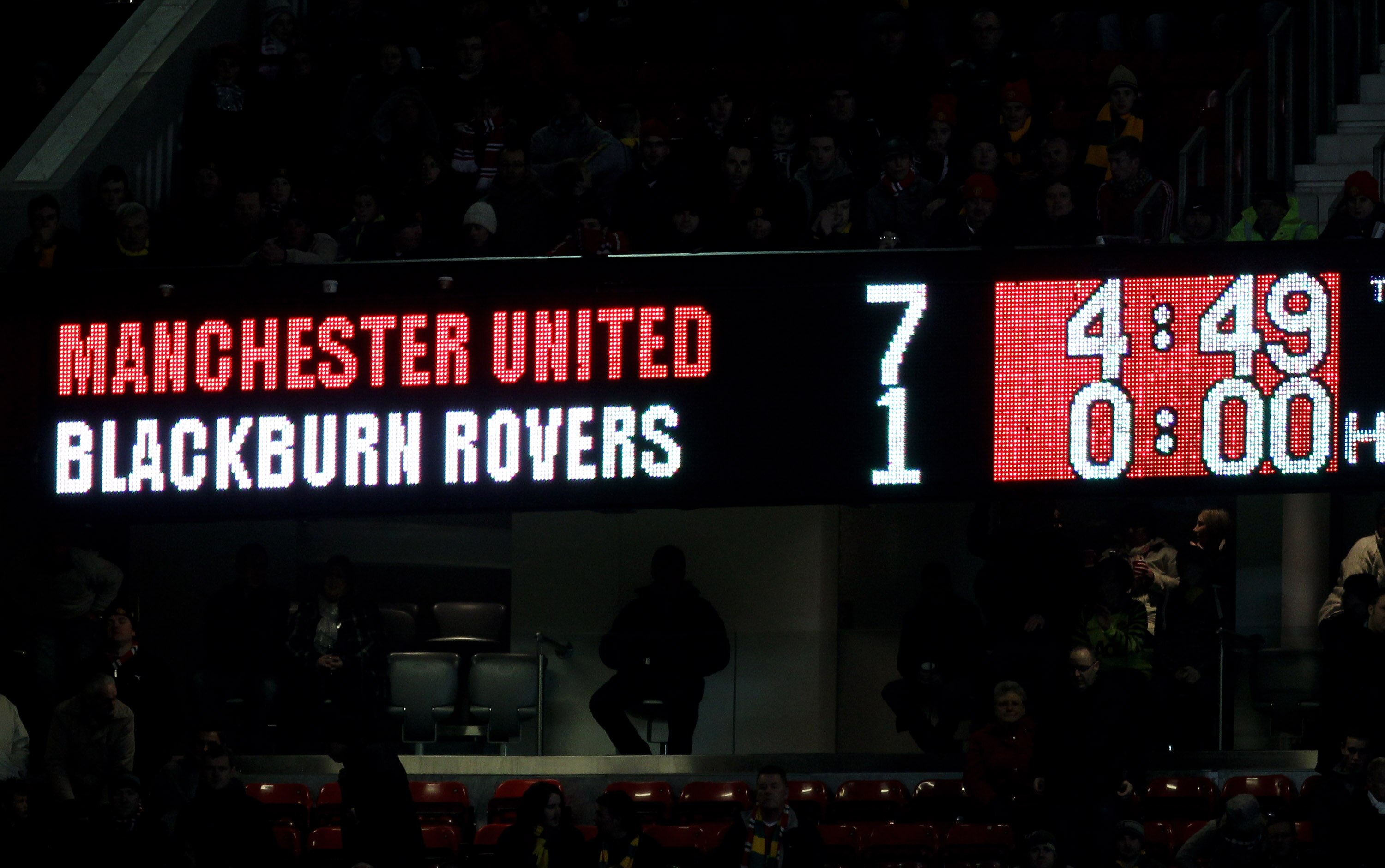 MANCHESTER, ENGLAND - NOVEMBER 27:  General View showing the final score on the scoreboard at the end of the Barclays Premier League match between Manchester United and Blackburn Rovers at Old Trafford on November 27, 2010 in Manchester, England. (Photo b