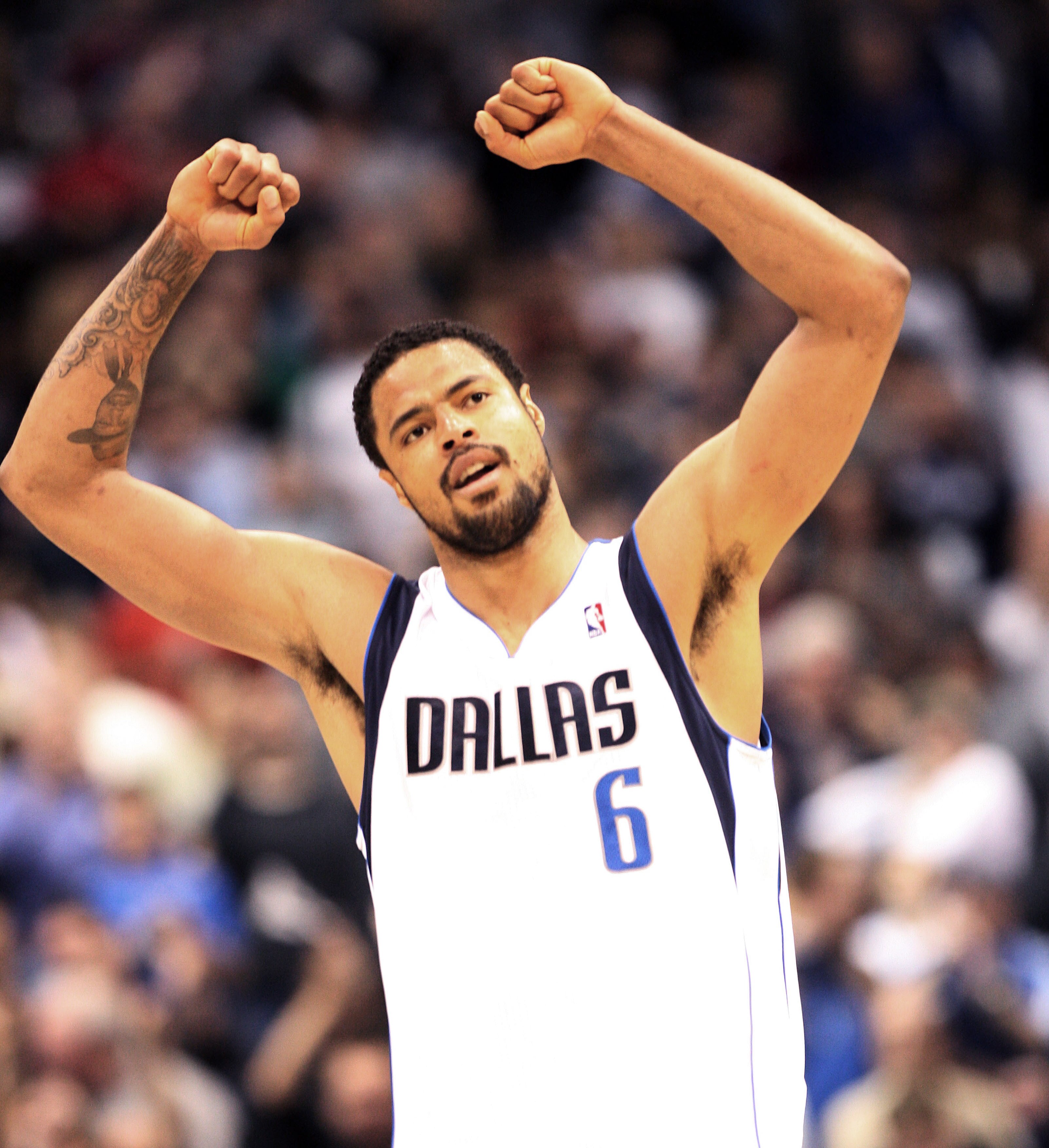 DALLAS - NOVEMBER 27: Tyson Chandler #6 of the Dallas Mavericks celebrates victory over the Miami Heat on November 27, 2010 at the American Airlines Center in Dallas, Texas. NOTE TO USER: User expressly acknowledges and agrees that, by downloading and or 
