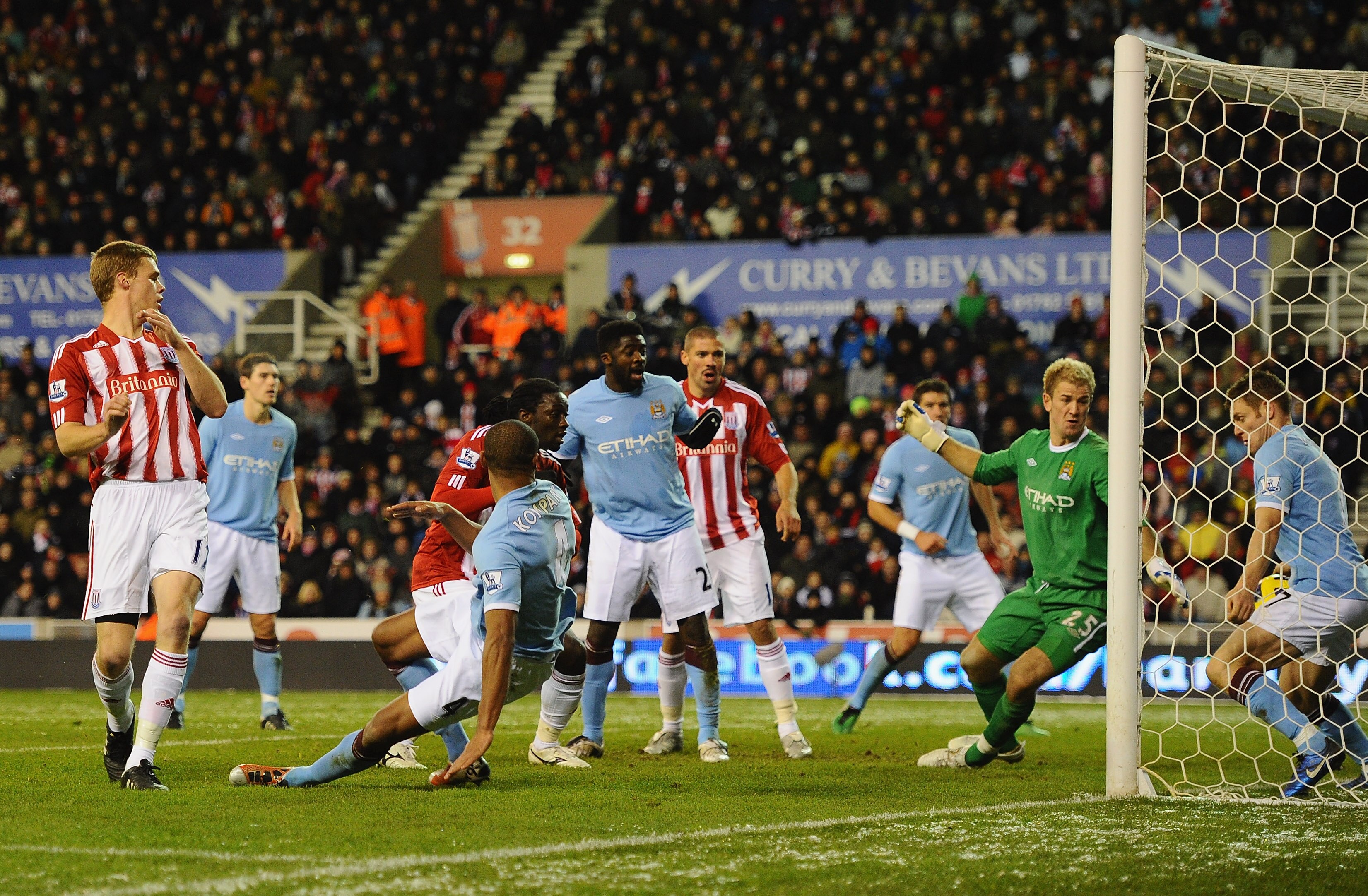 STOKE ON TRENT, ENGLAND - NOVEMBER 27:  Ryan Shawcross of Stoke City has a shot saved on the line by the Manchester City defence during the Barclays Premiership match between Stoke City and Manchester City at Britannia Stadium on November 27, 2010 in Stok