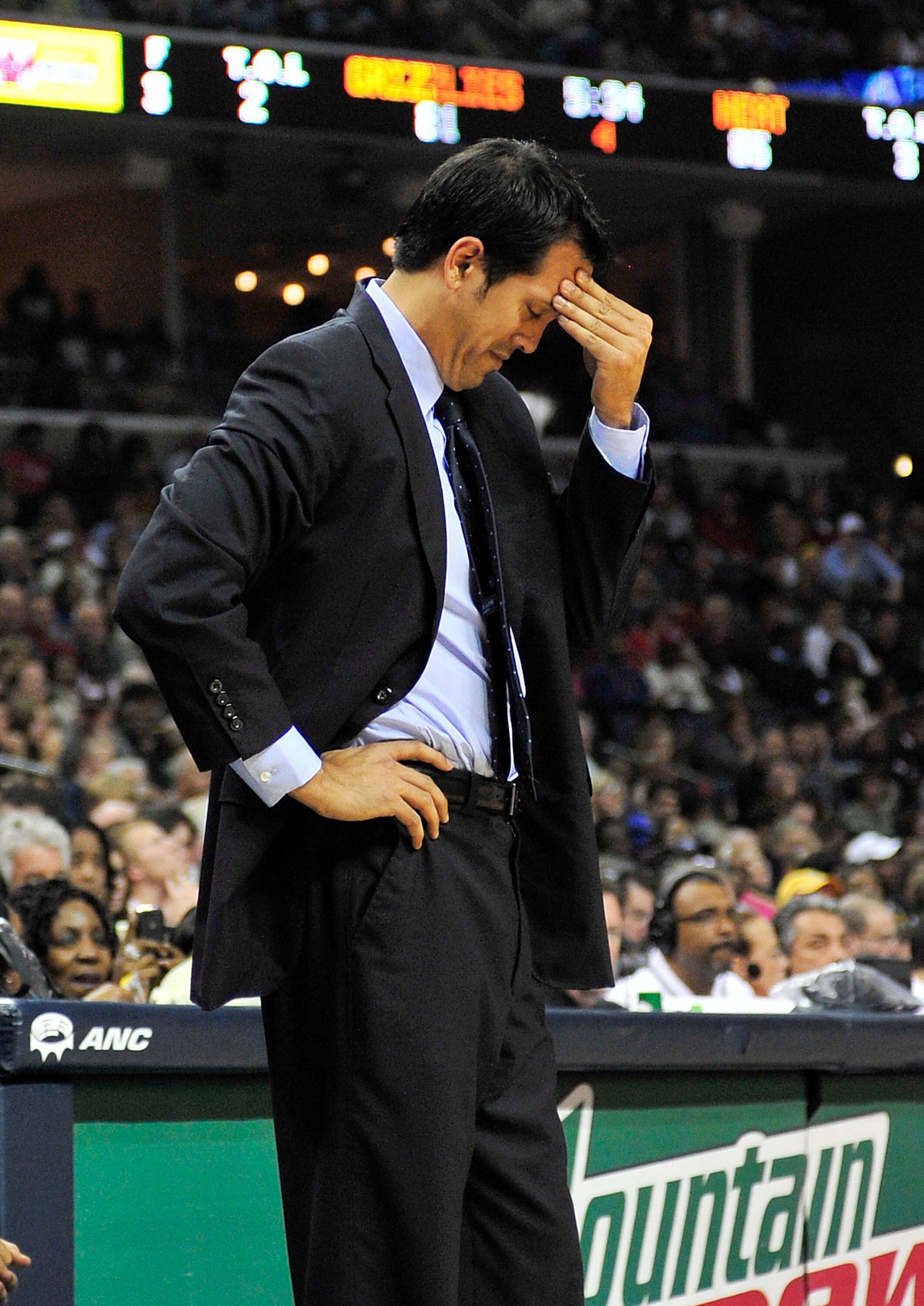 MEMPHIS, TN - NOVEMBER 20:  Coach Erik Spoelstra of the Miami Heat reacts during a game against the Memphis Grizzlies at FedExForum on November 20, 2010 in Memphis, Tennessee. The Grizzlies won 97-95. NOTE TO USER:  User expressly acknowledges and agrees