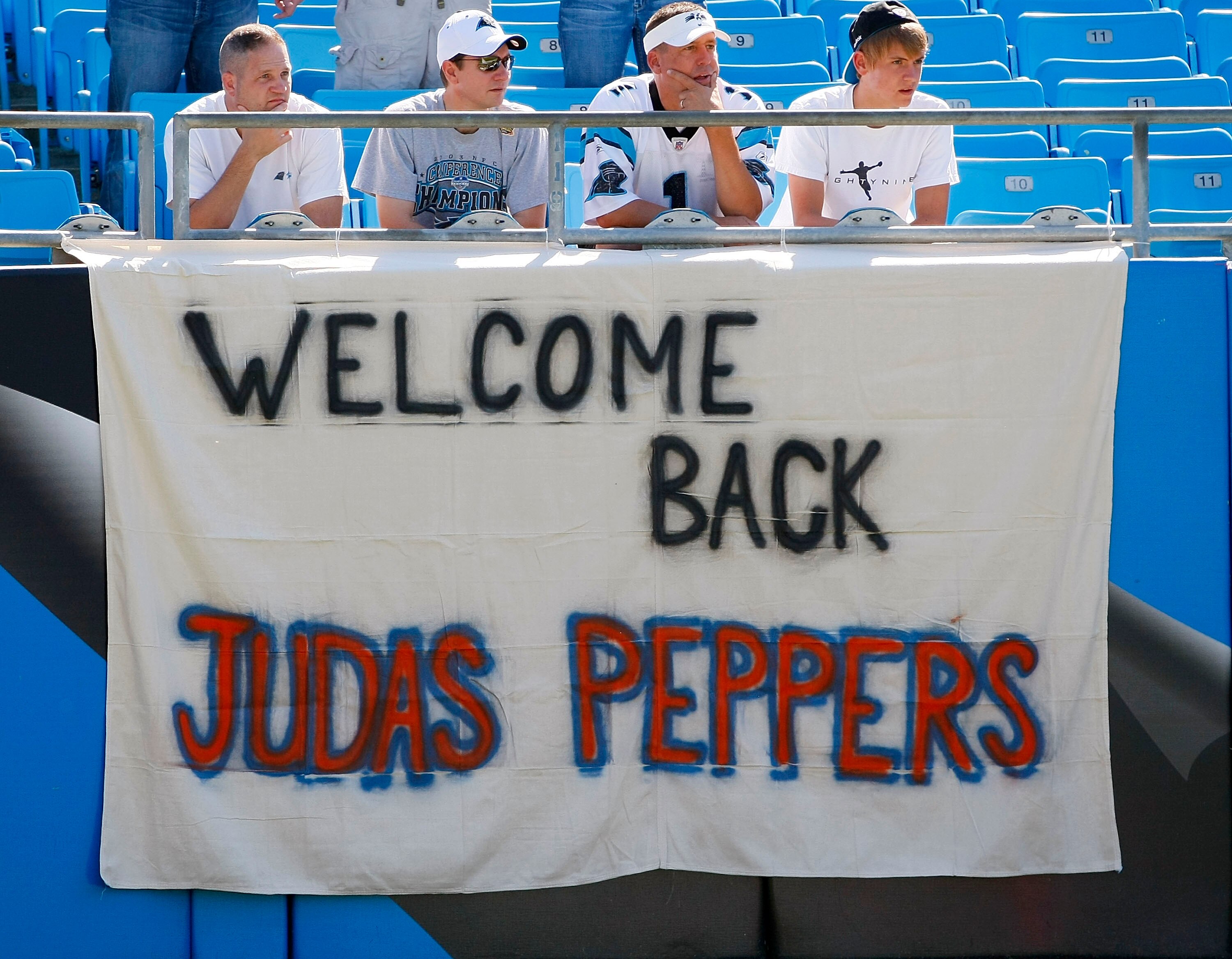 CHARLOTTE, NC - OCTOBER 10: Carolina  Panthers fans display a sign prior to the Panthers game against the Chicago Bears at Bank of America Stadium on October 10, 2010 in Charlotte, North Carolina.  (Photo by Geoff Burke/Getty Images)