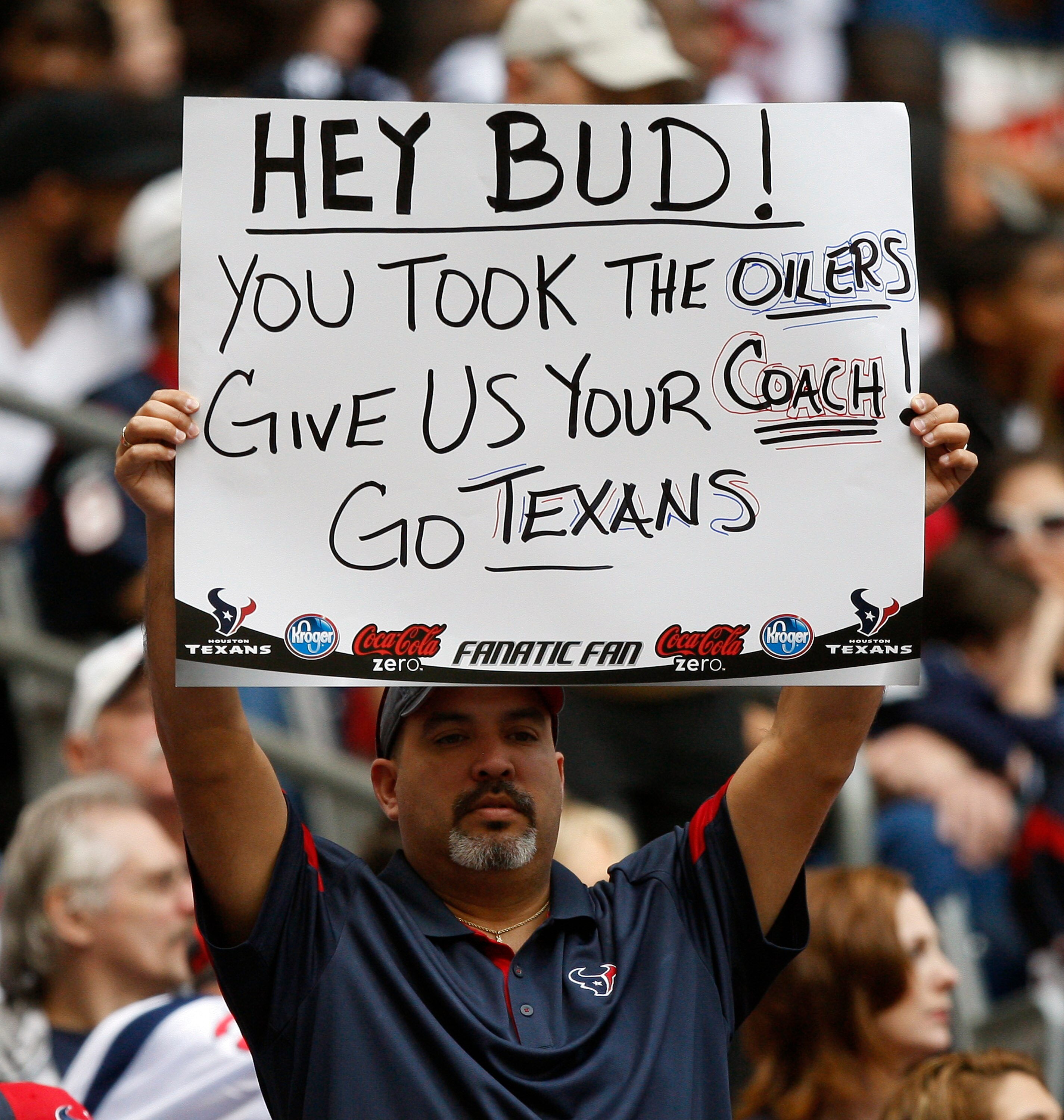 HOUSTON - NOVEMBER 28:  Houston Texans fans send a message to Tennessee Titans owner Bud Adams at Reliant Stadium on November 28, 2010 in Houston, Texas.  (Photo by Bob Levey/Getty Images)