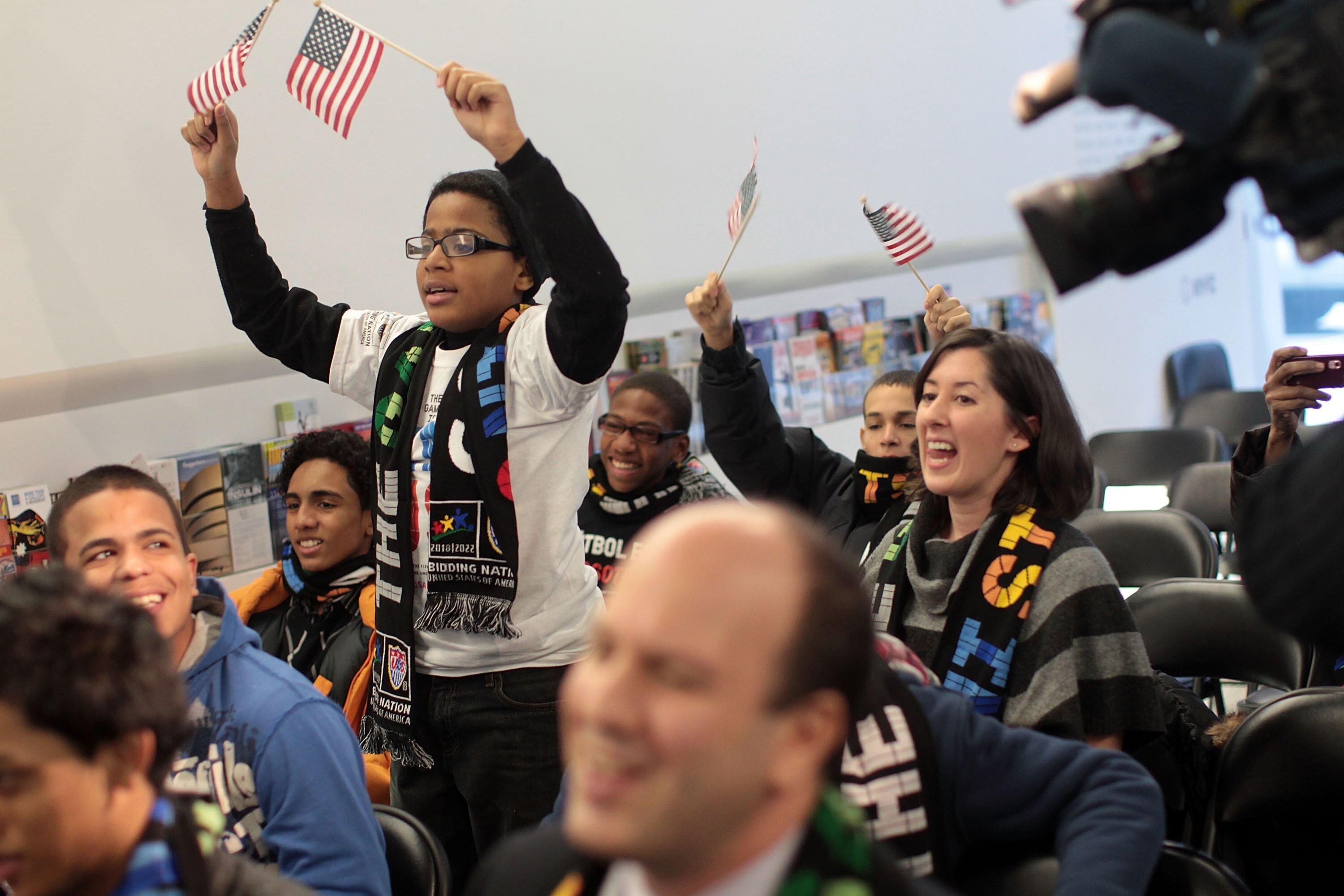NEW YORK, NY - DECEMBER 02:  Students at the Business of Sports School wait for the announcement of the winner of the bid to host the 2022 World Cup on December 2, 2010 in New York City. While the USA was thought to be a front runner, Qatar won the bid. R