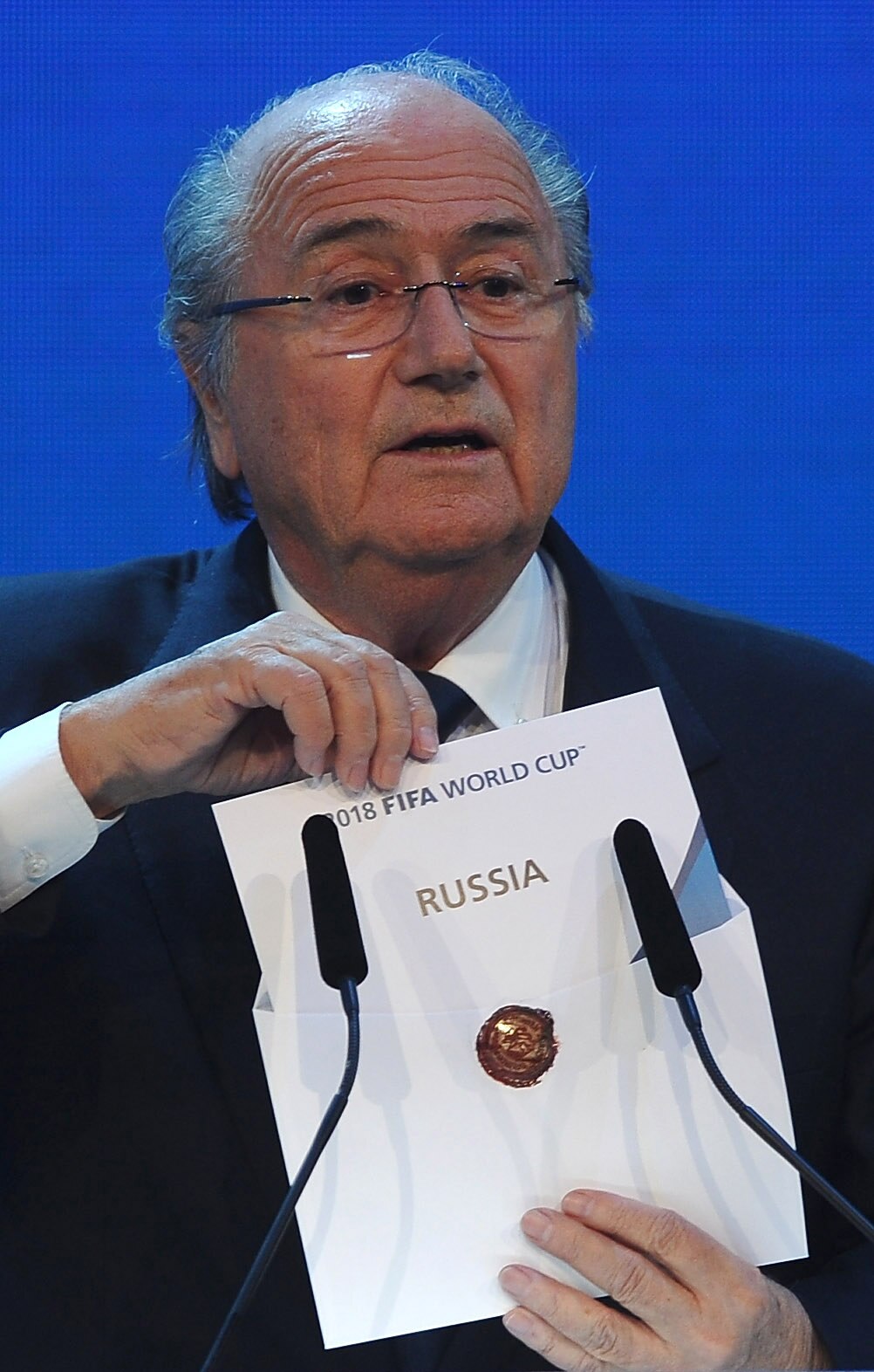 ZURICH, SWITZERLAND - DECEMBER 02:  FIFA President Joseph S Blatter names Russia for the hosts of 2018 duirng the FIFA World Cup 2018 & 2022 Host Countries Announcement at the Messe Conference Centre on December 2, 2010 in Zurich, Switzerland.  (Photo by