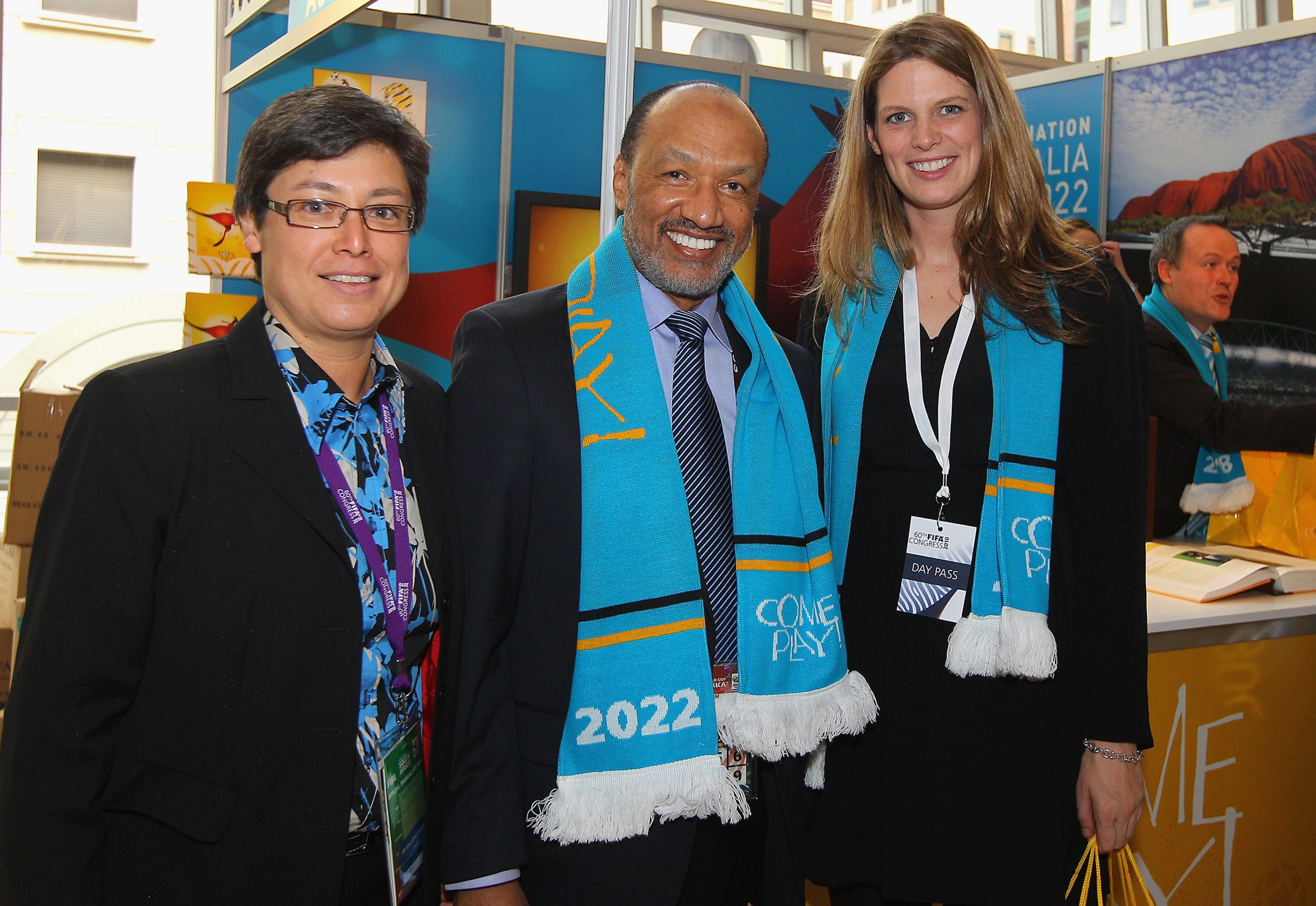 JOHANNESBURG, SOUTH AFRICA - JUNE 10:  (L-R)  FFA Board Member Moya Dodd, AFC President Mohamed Bin Hammam and Australian Federal Sports Minister Kate Ellis at the Australian FIFA World Cup Bid Exhibition in Sandton on June 10, 2010 in Johannesburg, South