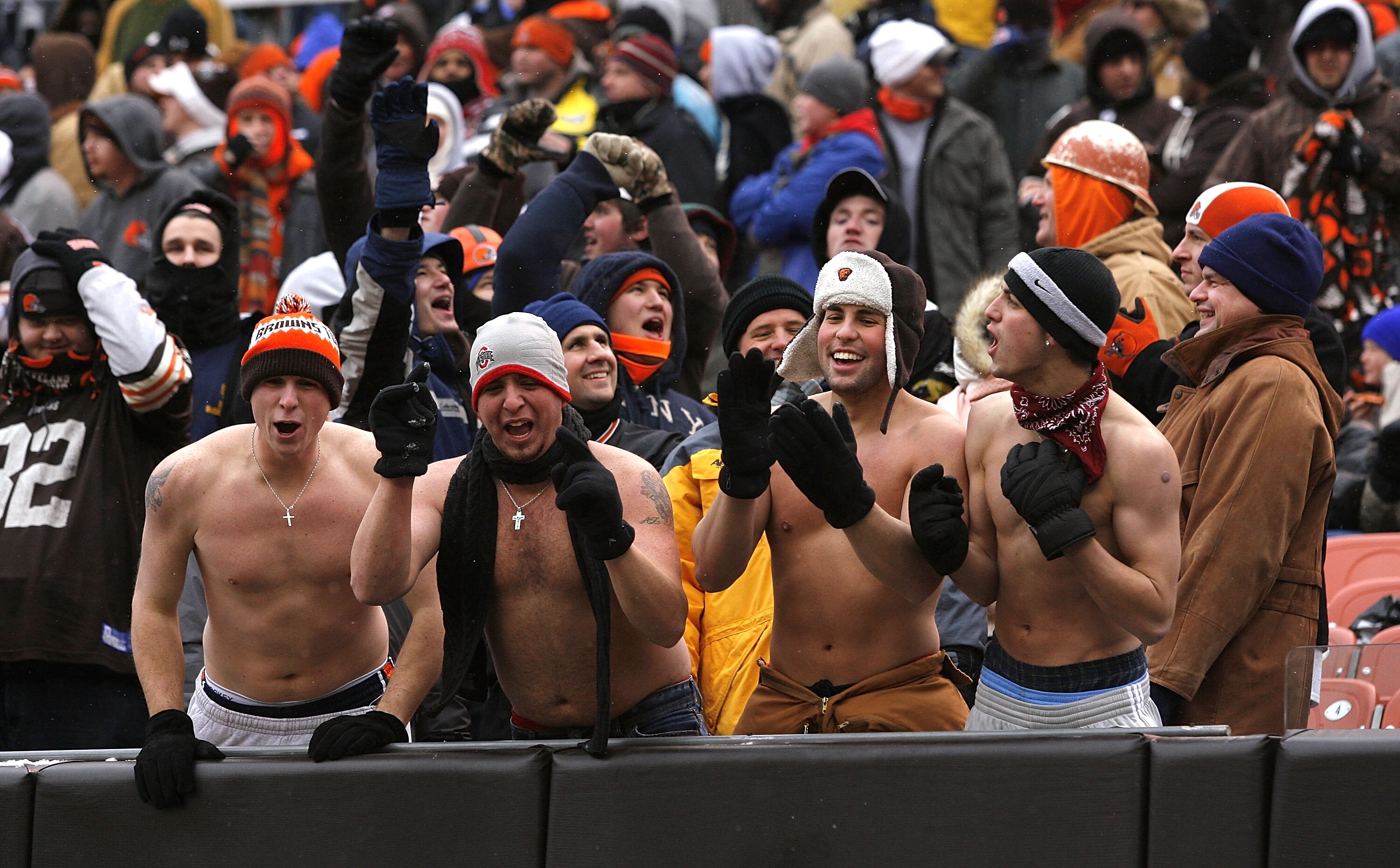 CLEVELAND - JANUARY 03:  Cleveland Browns fans brave the cold weather during a game against the Jacksonville Jaguars at Cleveland Browns Stadium on January 3, 2010 in Cleveland, Ohio.  (Photo by Matt Sullivan/Getty Images)
