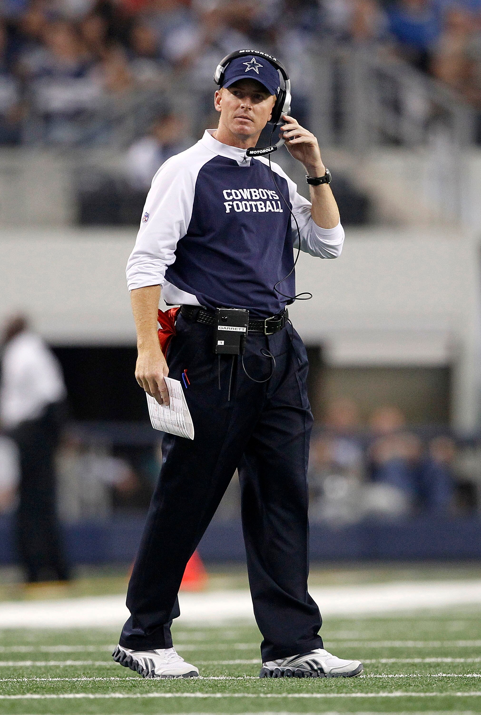 ARLINGTON, TX - NOVEMBER 21: Dallas Cowboys interim head coach Jason Garrett watches the action during the game at Dallas Stadium on November 21, 2010 in Arlington, Texas. The Cowboys defeated the Lions 35-19. (Photo by Leon Halip/Getty Images)