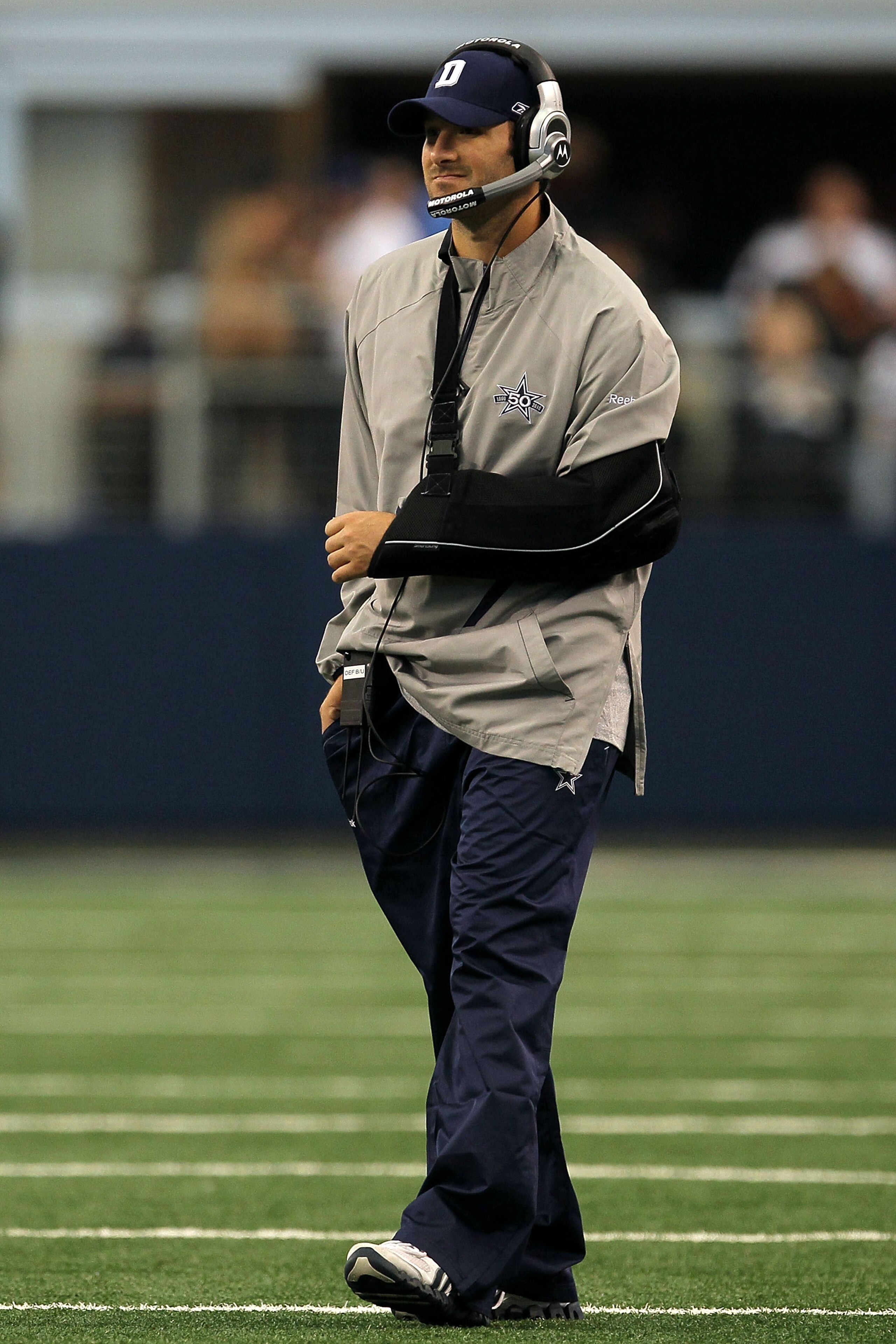 ARLINGTON, TX - OCTOBER 31: Injured quarterback Tony Romo of the Dallas Cowboys looks on against the Jacksonville Jaguars at Cowboys Stadium on October 31, 2010 in Arlington, Texas. (Photo by Stephen Dunn/Getty Images) ARLINGTON, TX - OCTOBER 31: Injured quarterback Tony Romo of the Dallas Cowboys looks on against the Jacksonville Jaguars at Cowboys Stadium on October 31, 2010 in Arlington, Texas. (Photo by Stephen Dunn/Getty Images)
