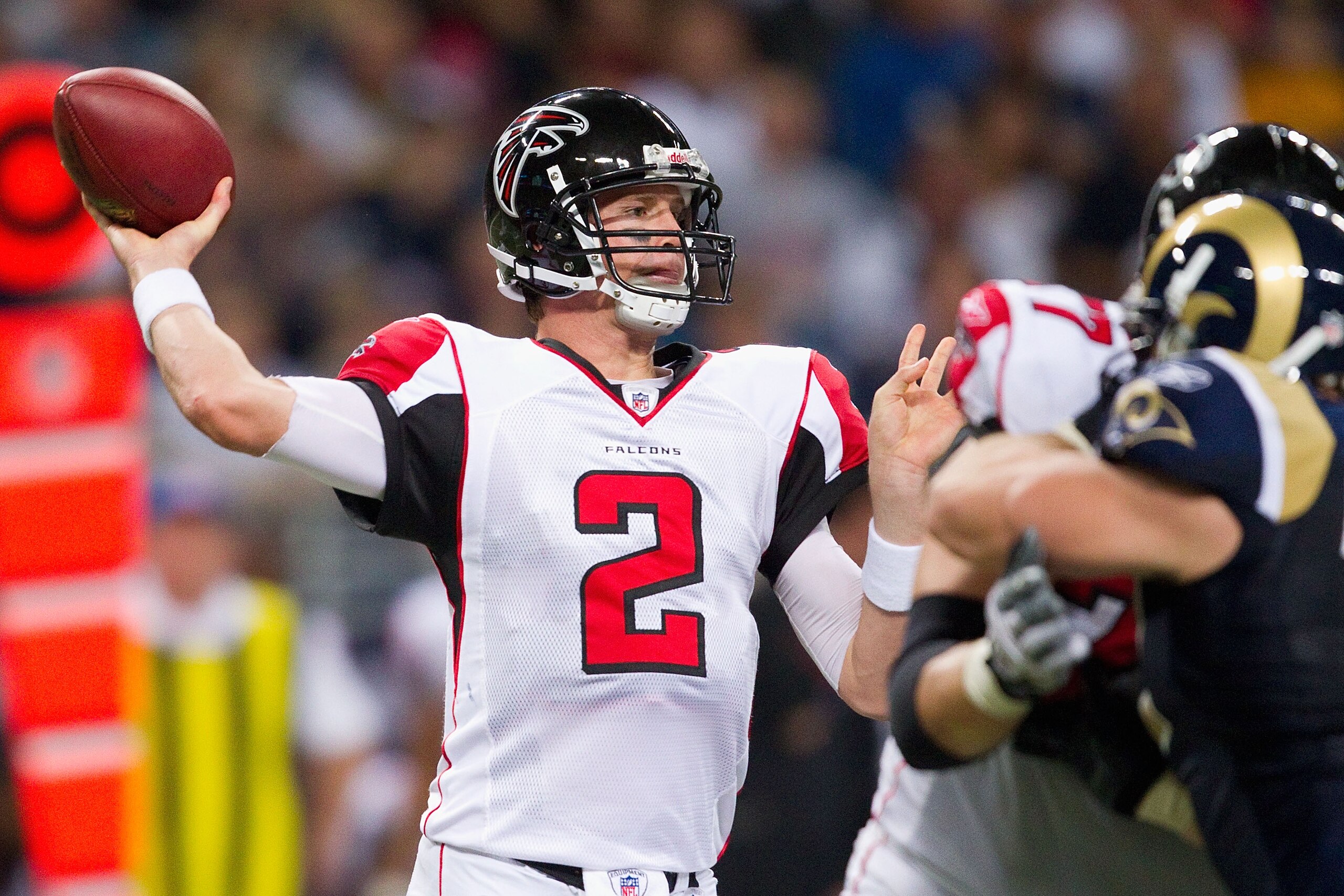 ST. LOUIS - NOVEMBER 21: Matt Ryan #2 of the Atlanta Falcons passes against the St. Louis Rams at the Edward Jones Dome on November 21, 2010 in St. Louis, Missouri.  The Falcons beat the Rams 34-17.  (Photo by Dilip Vishwanat/Getty Images)