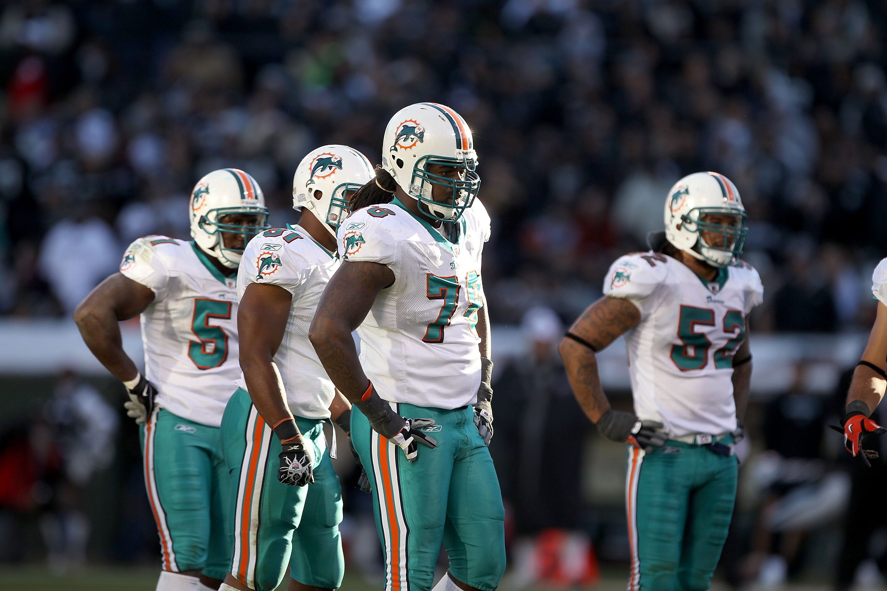 OAKLAND, CA - NOVEMBER 28: Tony McDaniel #78 of the Miami Dolphins gets ready for a play against the Oakland Raiders at Oakland-Alameda County Coliseum on November 28, 2010 in Oakland, California.  (Photo by Ezra Shaw/Getty Images)