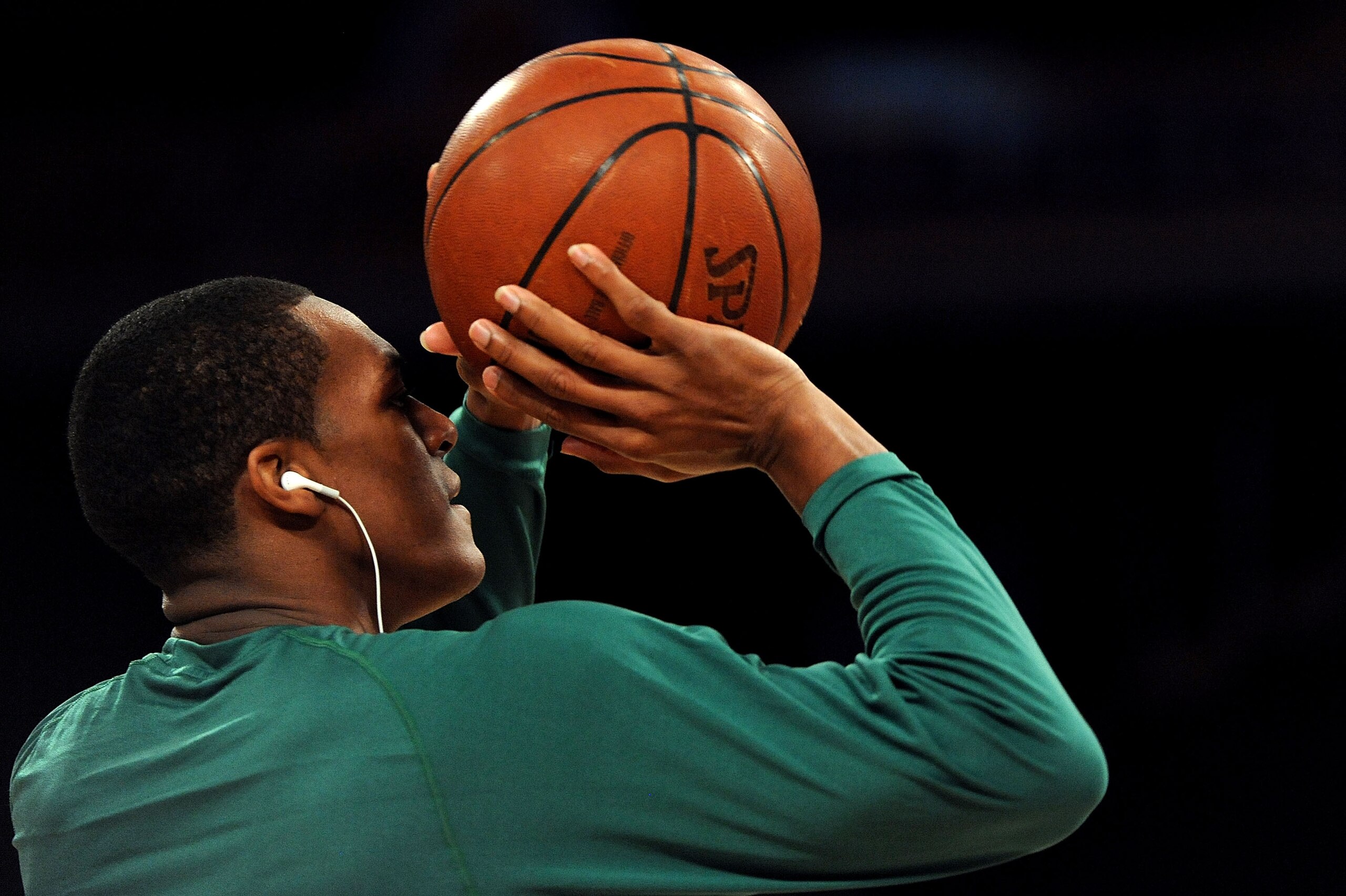 LOS ANGELES, CA - JUNE 15:  Rajon Rondo #9 of the Boston Celtics warms up before taking on the Los Angeles Lakers in Game Six of the 2010 NBA Finals at Staples Center on June 15, 2010 in Los Angeles, California.  NOTE TO USER: User expressly acknowledges