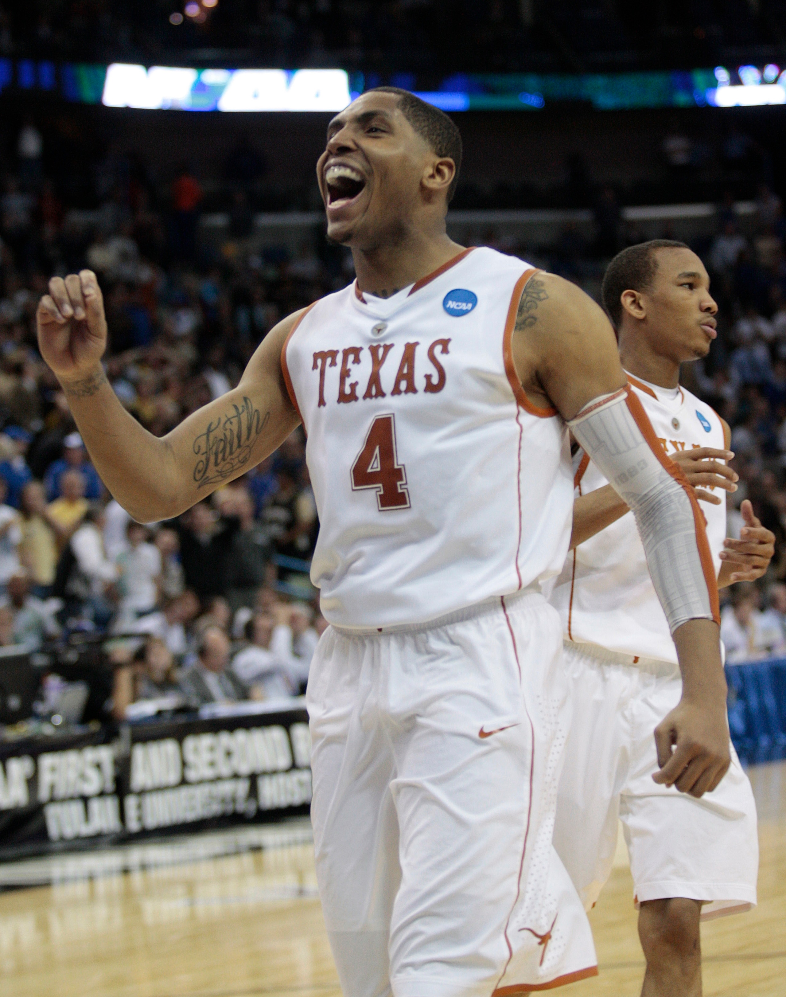 NEW ORLEANS - MARCH 18:  Gary Johnson #4 of the Texas Longhorns reacts at the end of regulation when they tied the Wake Forest Demon Deacons during the first round of the 2010 NCAA mens basketball tournament at the New Orleans Arena on March 18, 2010 in N