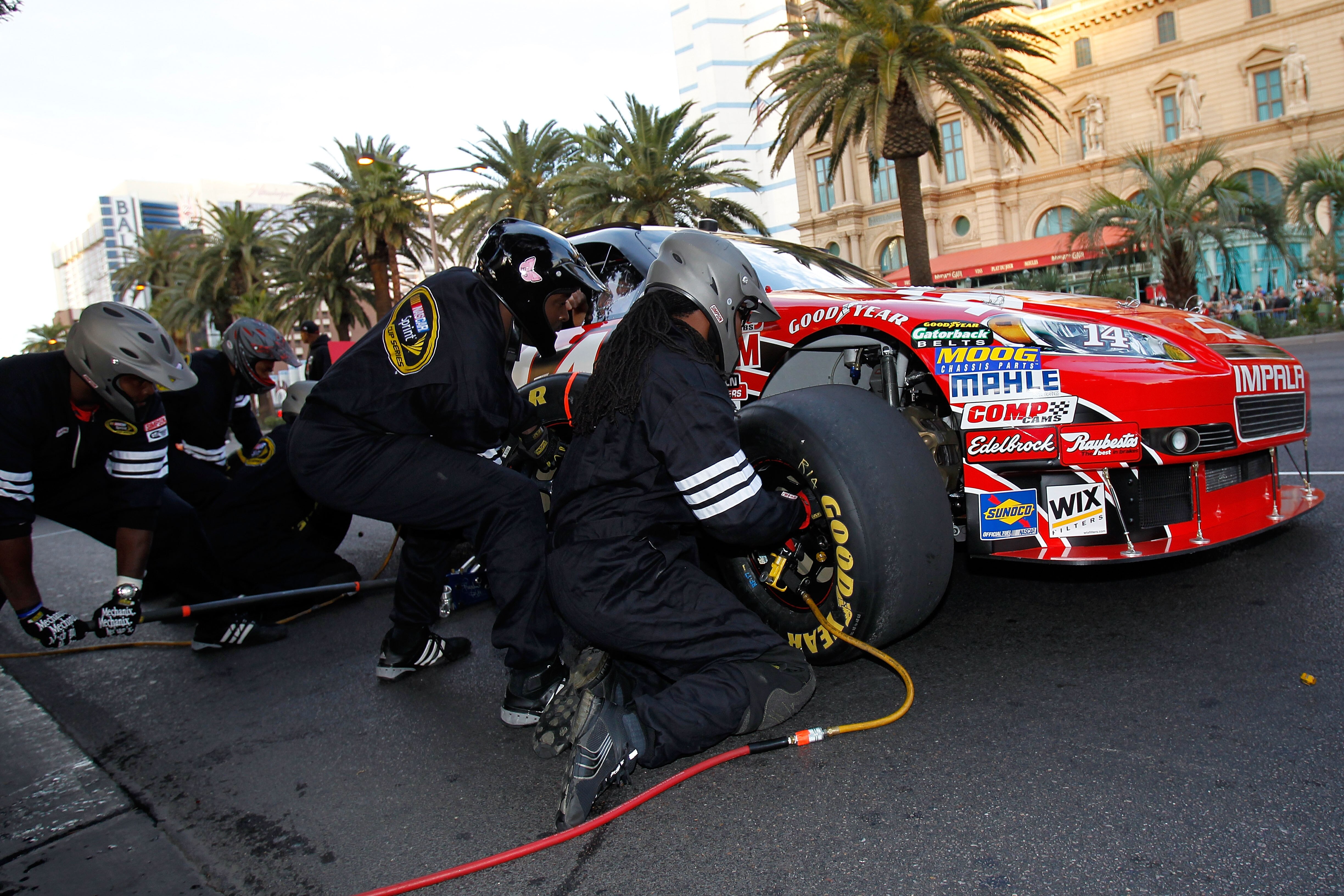 LAS VEGAS, NV - DECEMBER 02:  Tony Stewart, driver of the #14 Old Spice/Office Depot Chevrolet, pits during the NASCAR Sprint Cup Series Champions Week Victory Lap outside the Bellagio on December 2, 2010 in Las Vegas, Nevada.  (Photo by Todd Warshaw/Gett