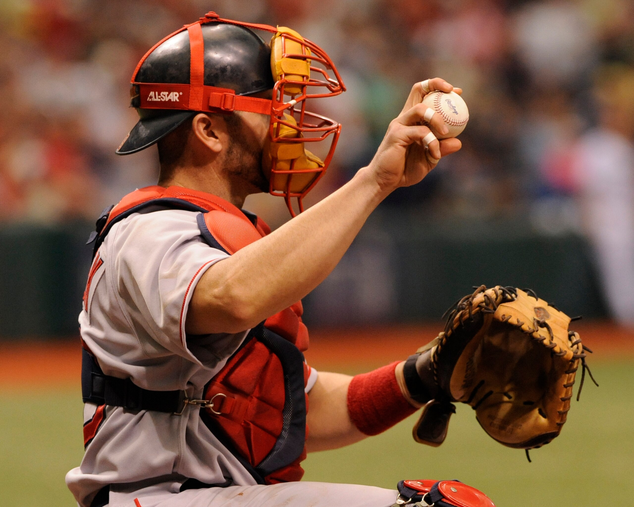 ST PETERSBURG, FL - APRIL 27:  Catcher Jason Varitek #33 of the Boston Red Sox works behind the plate against the Tampa Bay Rays April 27, 2008 at Tropicana Field in St. Petersburg, Florida.  (Photo by Al Messerschmidt/Getty Images)