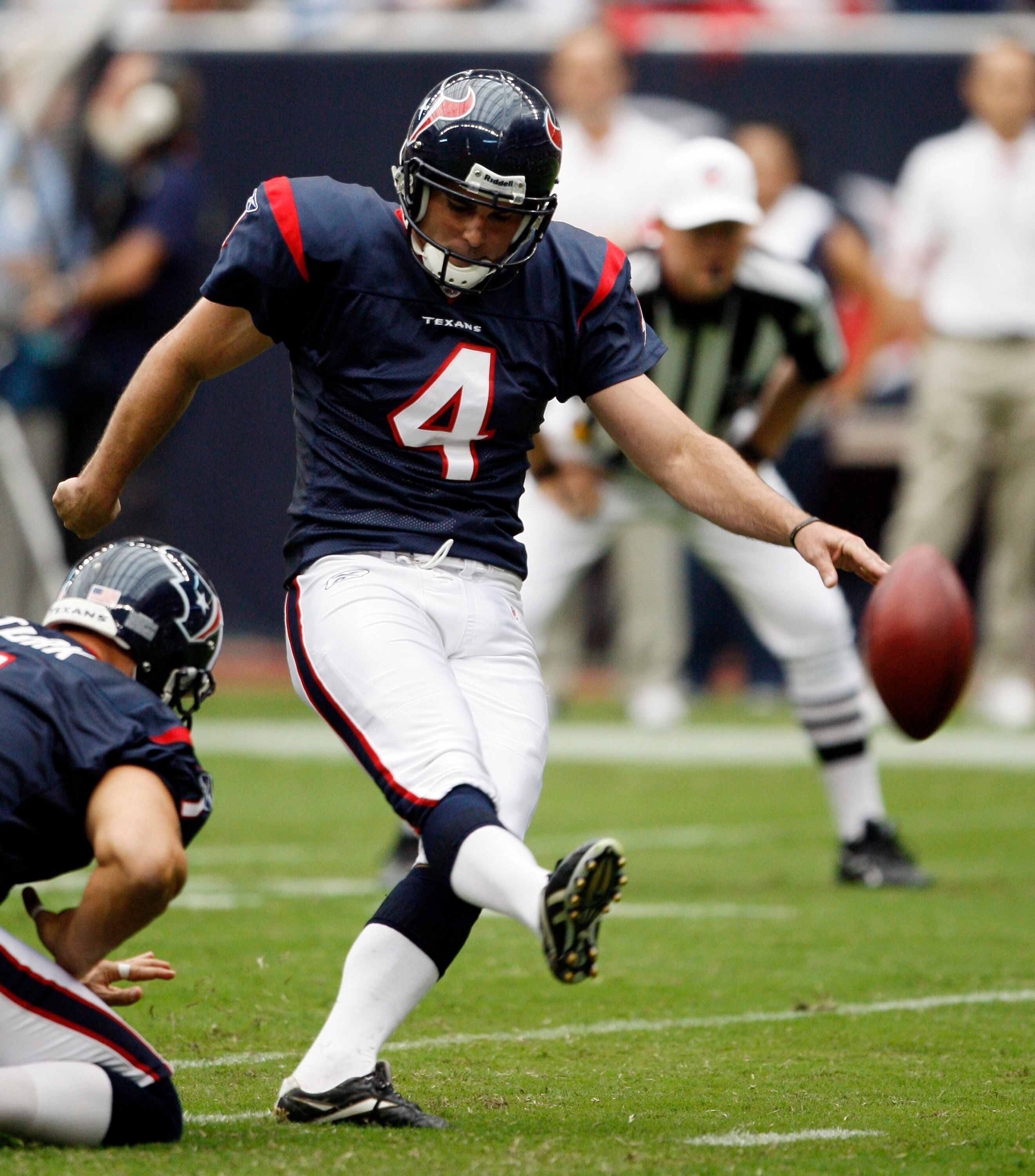 HOUSTON - SEPTEMBER 26:  Kicker Neil Rackers #4 of the Houston Texans connects on a 24 yard field goal in the second quarter against the Dallas Cowboys at Reliant Stadium on September 26, 2010 in Houston, Texas.  (Photo by Bob Levey/Getty Images)