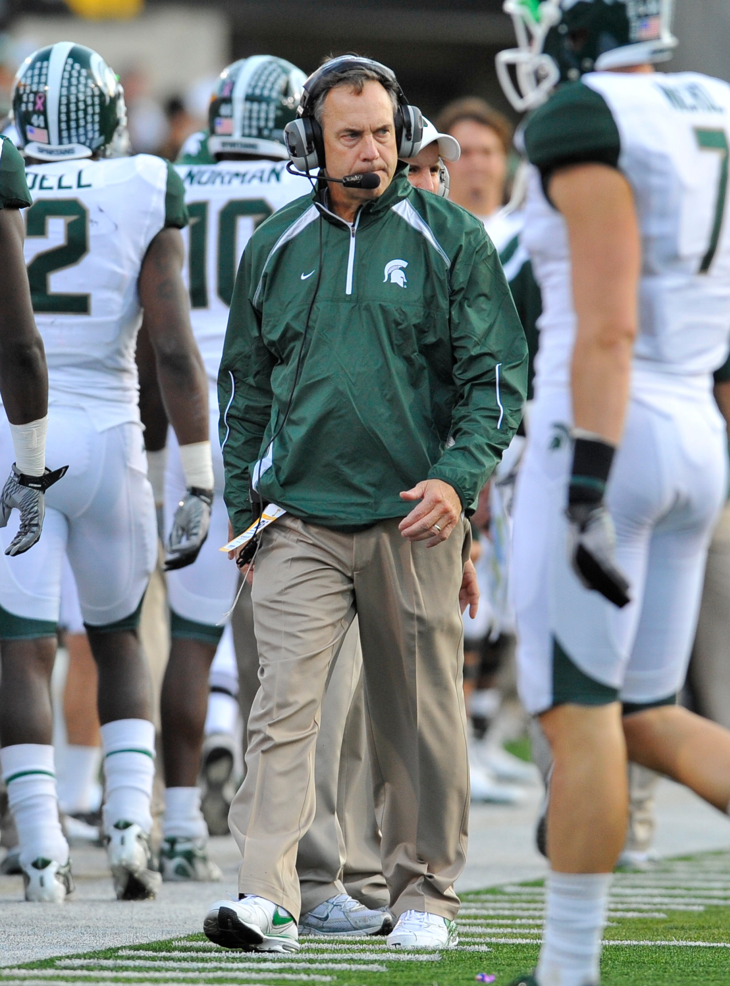 IOWA CITY, IA - OCTOBER 30: Michigan State Spartans head coach Mark Dantonio looks on from the sidelines during play against the University of Iowa Hawkeyes at Kinnick Stadium on October 30, 2010 in Iowa City, Iowa. Iowa won 37-6 over Michigan State. (Pho