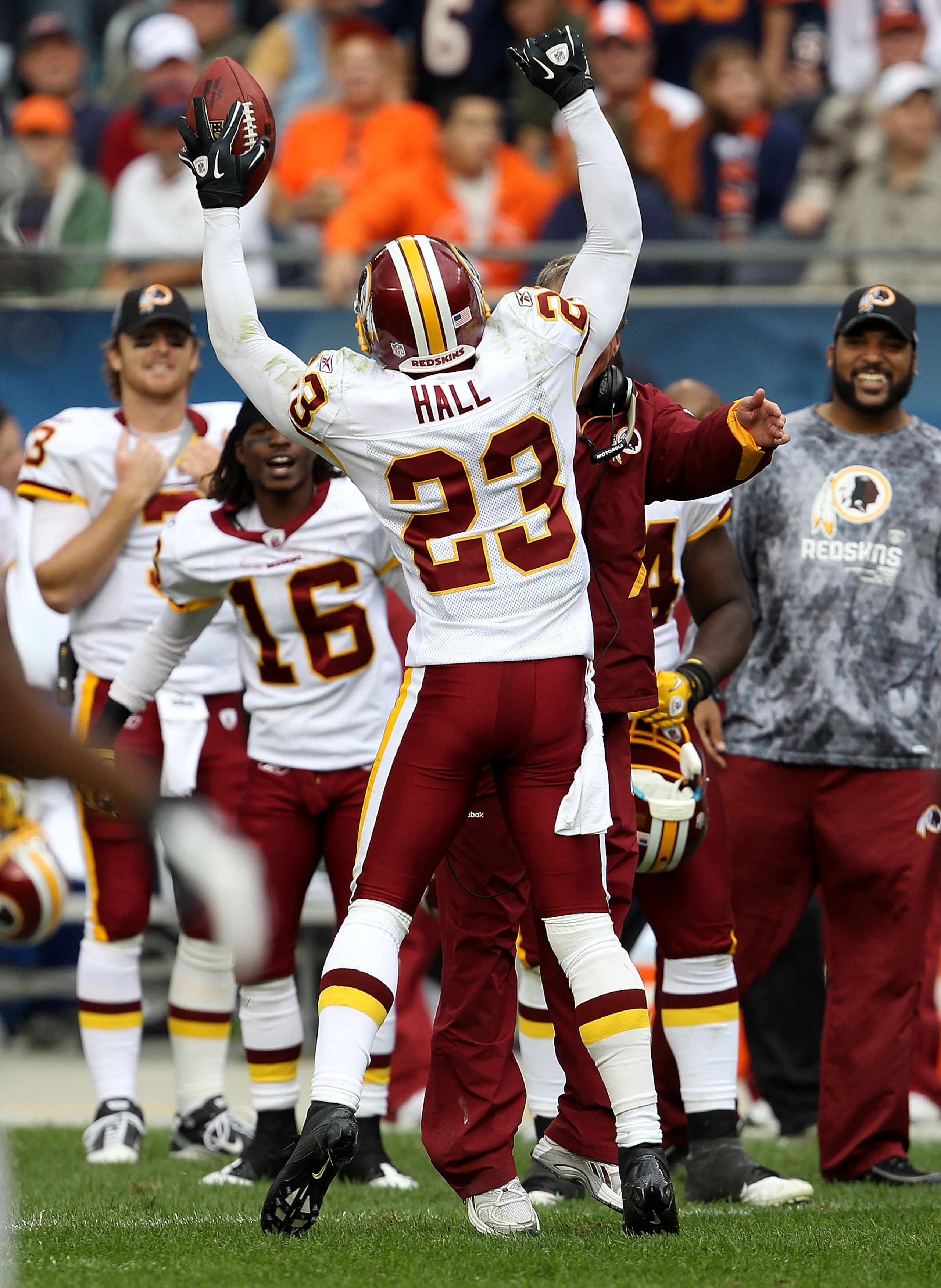 CHICAGO - OCTOBER 24: DeAngelo Hall #23 of the Washington Redskins celebrates an interception in the final minutes of a game against the Chicago Bears at Soldier Field on October 24, 2010 in Chicago, Illinois. The Redskins defeated the Bears 17-14. (Photo