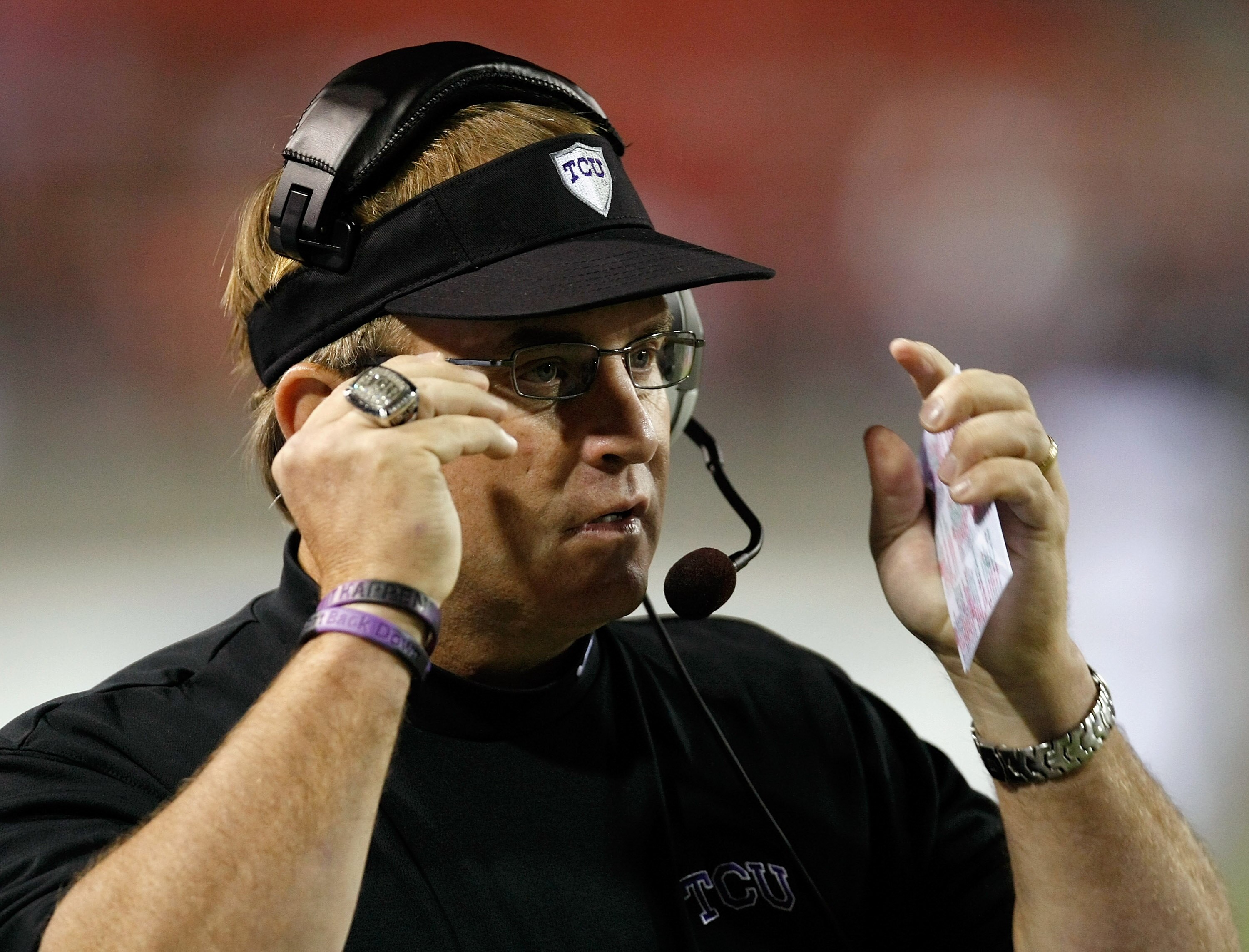 LAS VEGAS - OCTOBER 30:  Texas Christian University Horned Frogs head coach Gary Patterson looks on as his team takes on the UNLV Rebels at Sam Boyd Stadium October 30, 2010 in Las Vegas, Nevada. TCU won 48-6.  (Photo by Ethan Miller/Getty Images)