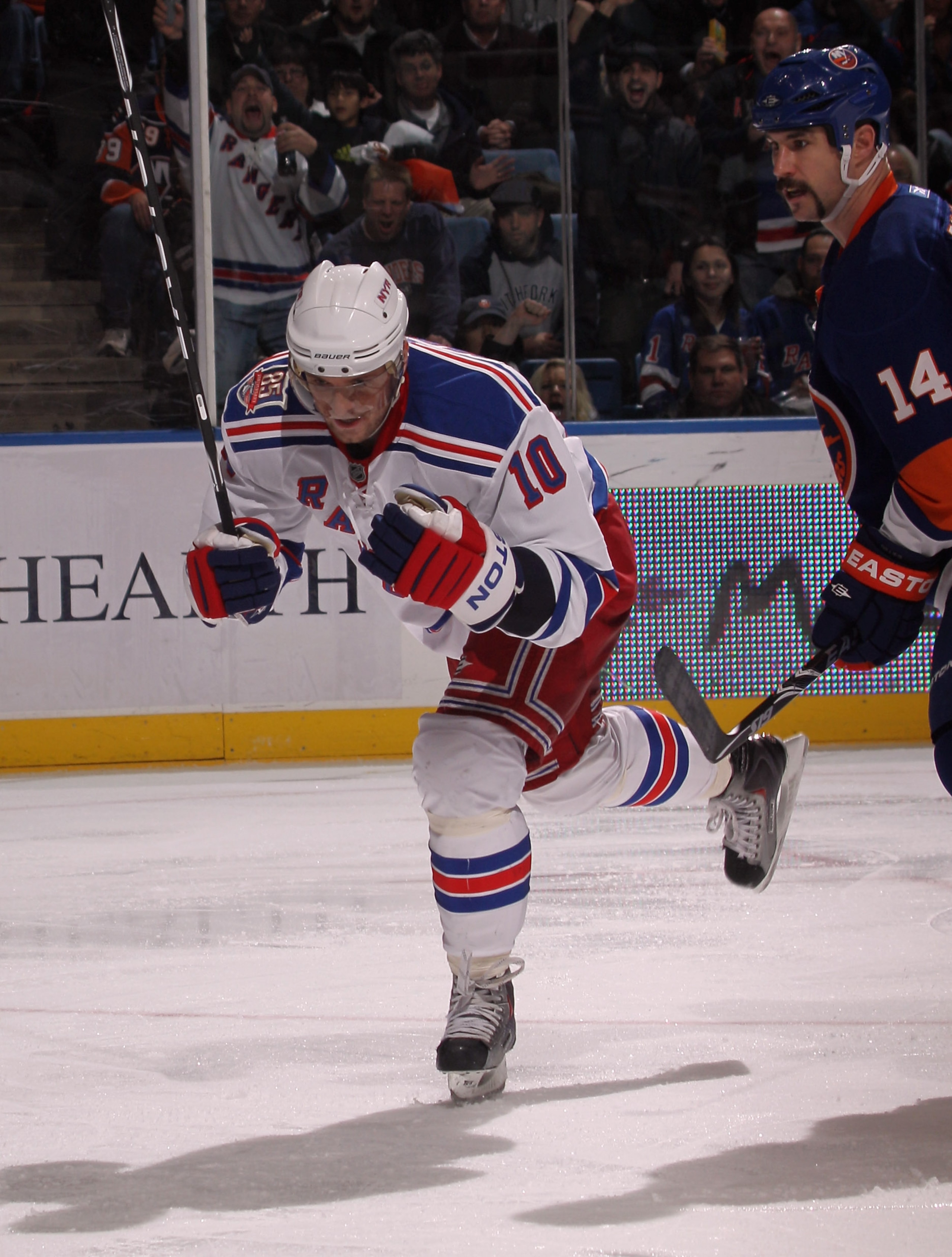 UNIONDALE, NY - DECEMBER 02:  Marian Gaborik #10 of the New York Rangers celebrates his second goal of the game against the New York Islanders at 3:31 of the third period at the Nassau Coliseum on December 2, 2010 in Uniondale, New York. The Rangers defea