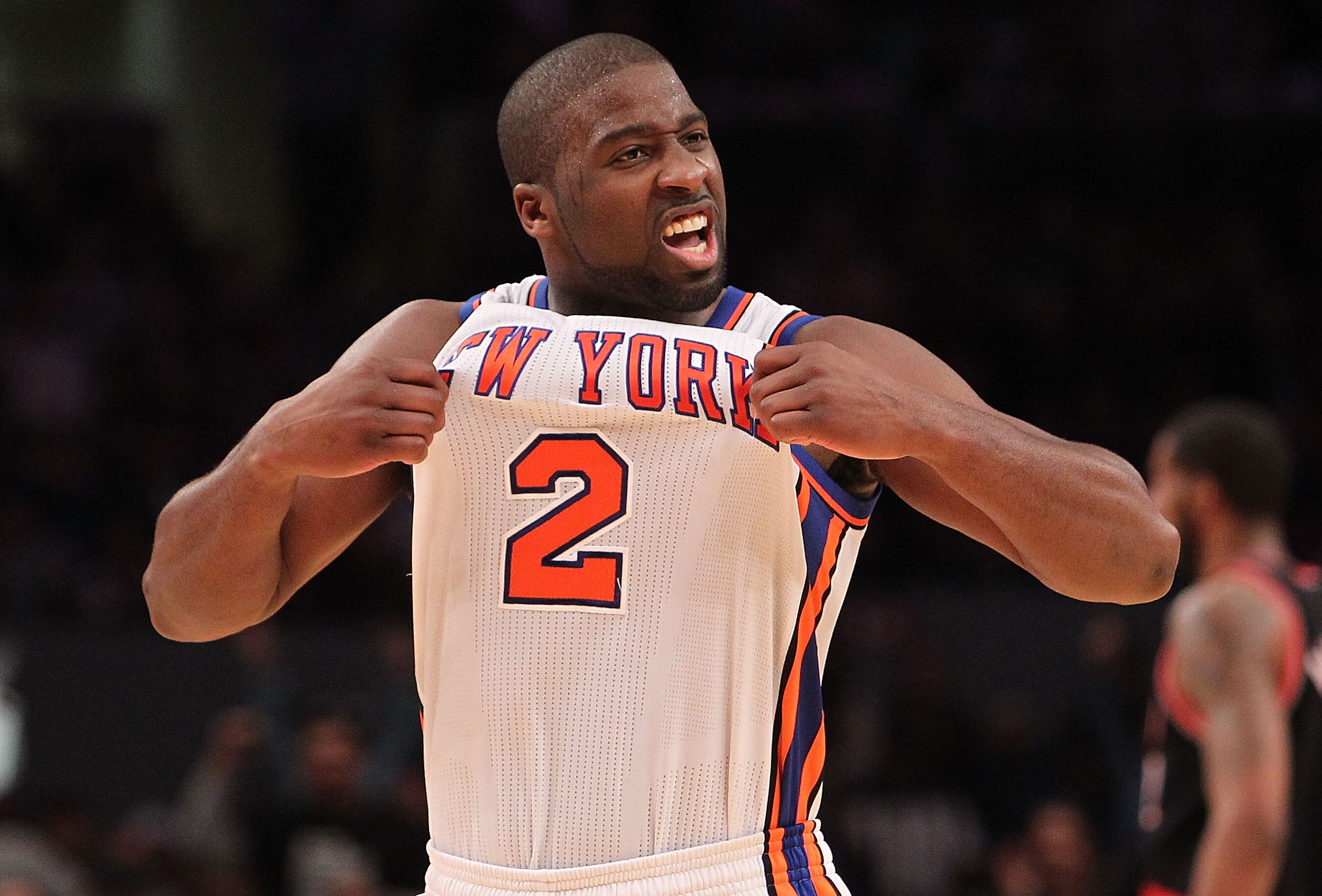 NEW YORK - OCTOBER 30:  Raymond Felton #2 of the New York Knicks celebrates a basket agaisnt the Portland Trail Blazers at Madison Square Garden on October 30, 2010 in New York City. NOTE TO USER: User expressly acknowledges and agrees that, by downloadin