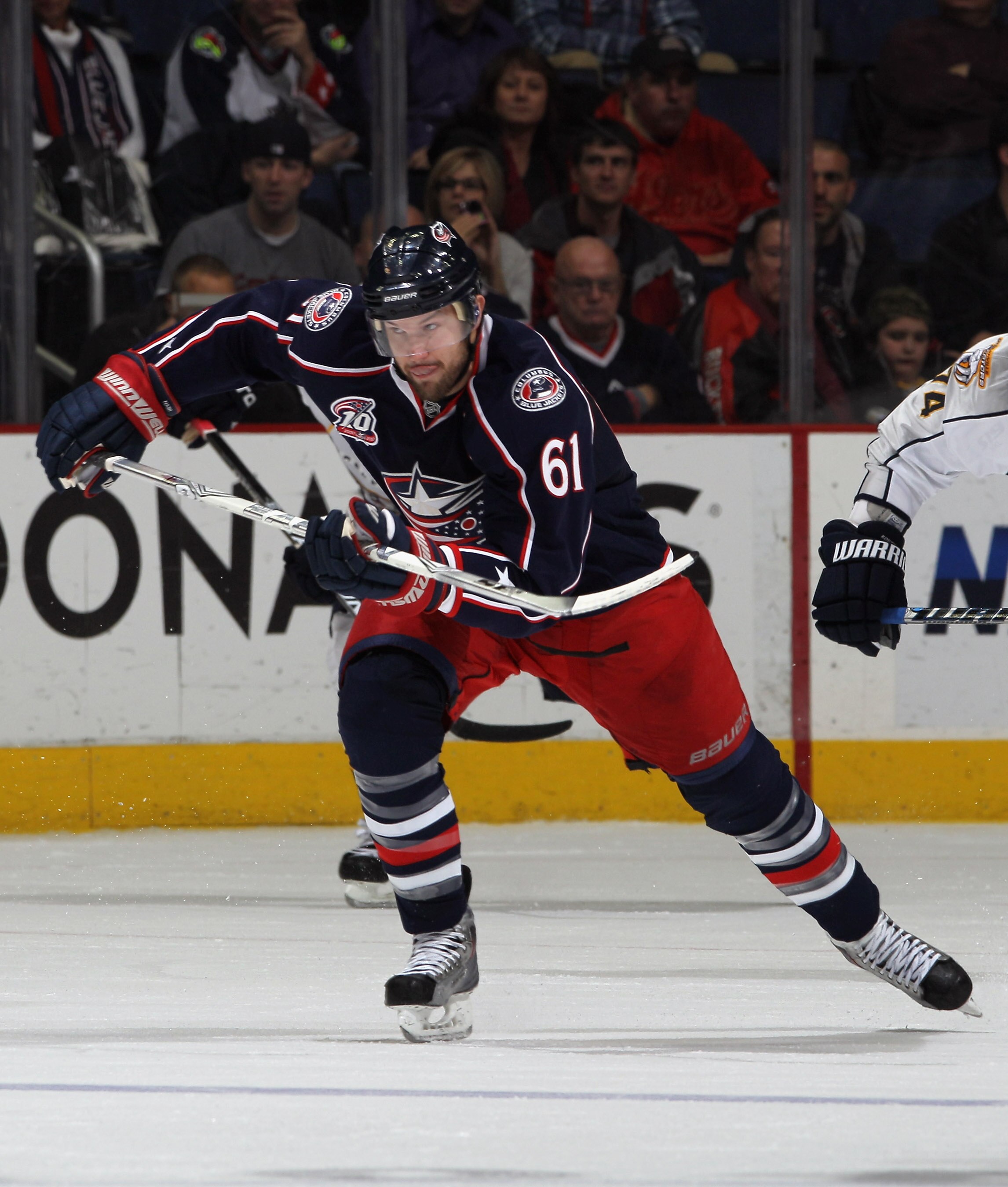 COLUMBUS, OH - DECEMBER 01:  Rick Nash #61 of the Columbus Blue Jackets skates against the Nashville Predators at the Nationwide Arena on December 1, 2010 in Columbus, Ohio.  (Photo by Bruce Bennett/Getty Images)