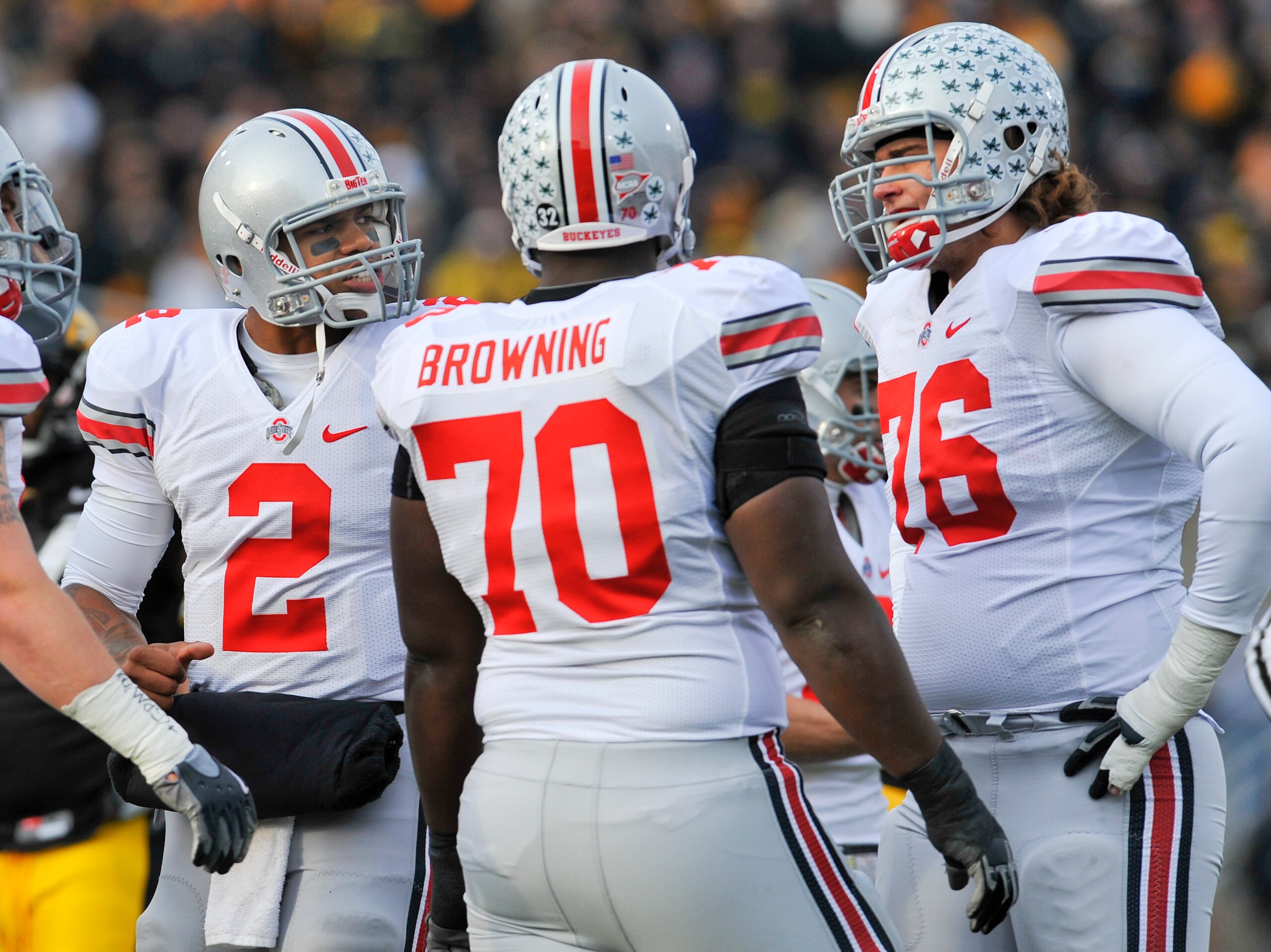 IOWA CITY, IA - NOVEMBER 20:  Quarterback Terrelle Pryor #2 of the Ohio State Buckeyes talks with teammates in the huddle during the play against the University of Iowa Hawkeyes at Kinnick Stadium on November 20, 2010 in Iowa City, Iowa. Ohio State won 20