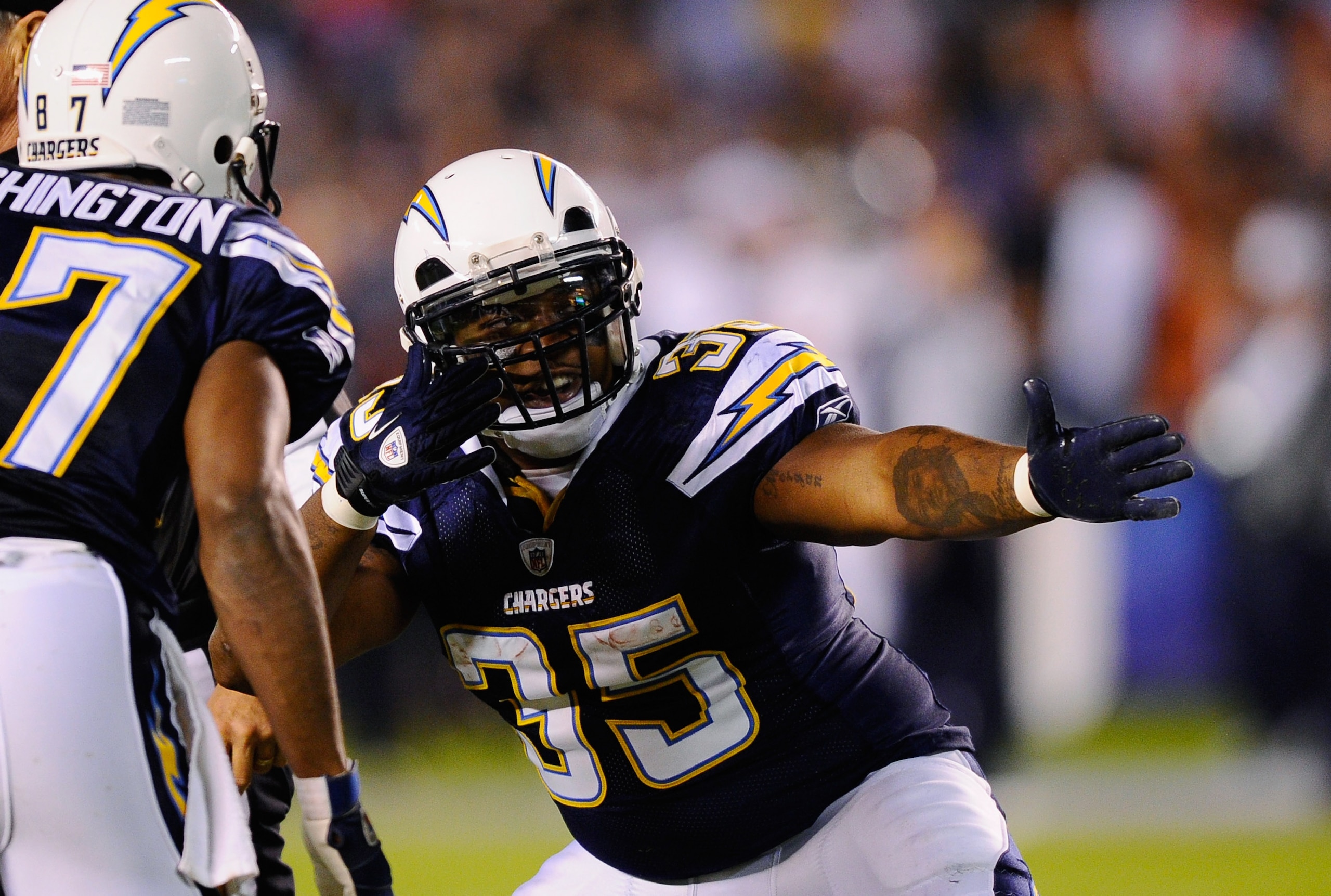 SAN DIEGO - NOVEMBER 22:  Mike Tolbert #35 of the San Diego Chargers celebrates after a 29-yard pass against the Denver Broncos at Qualcomm Stadium on November 22, 2010 in San Diego, California.  (Photo by Kevork Djansezian/Getty Images)