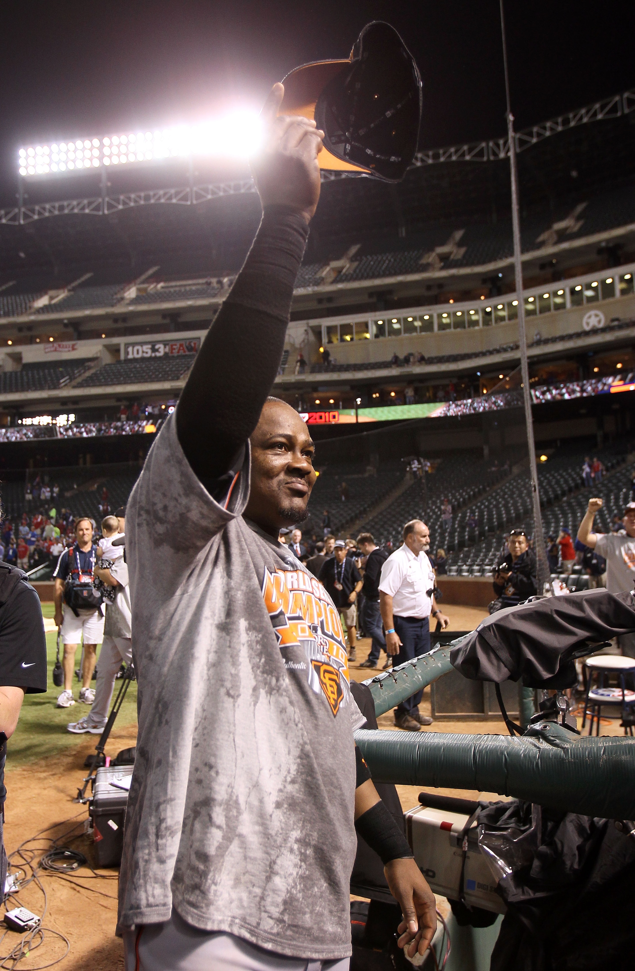 ARLINGTON, TX - NOVEMBER 01:  Juan Uribe #5 of the San Francisco Giants celebrates after the Giants won 3-1 against the Texas Rangers in Game Five of the 2010 MLB World Series at Rangers Ballpark in Arlington on November 1, 2010 in Arlington, Texas.  (Pho