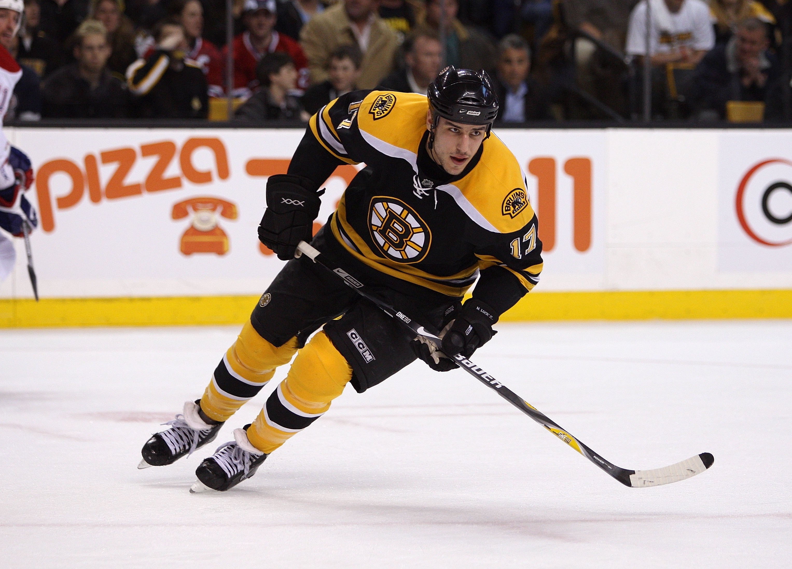 BOSTON - APRIL 13:  Milan Lucic #17 of the Boston Bruins skates on the forecheck against the Montreal Canadiens during game three of the 2008 NHL Eastern Conference Quarterfinals on April 13, 2008 at the TD Banknorth Garden in Boston, Massachusetts. The B