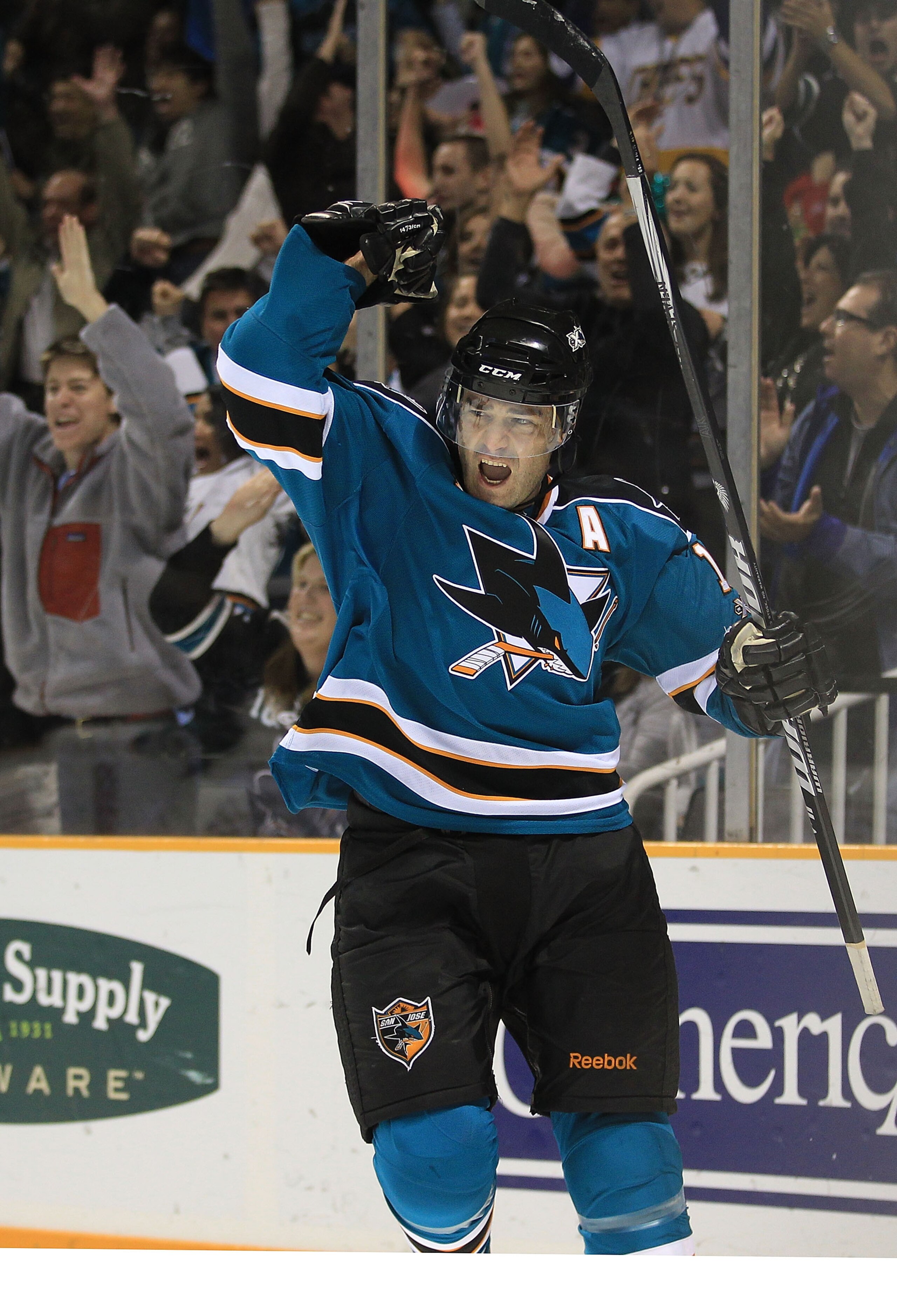 SAN JOSE, CA - NOVEMBER 24:  Patrick Marleau #12 of the San Jose Sharks celebrates after he scored a goal against the Chicago Blackhawks at HP Pavilion on November 24, 2010 in San Jose, California.  (Photo by Ezra Shaw/Getty Images)