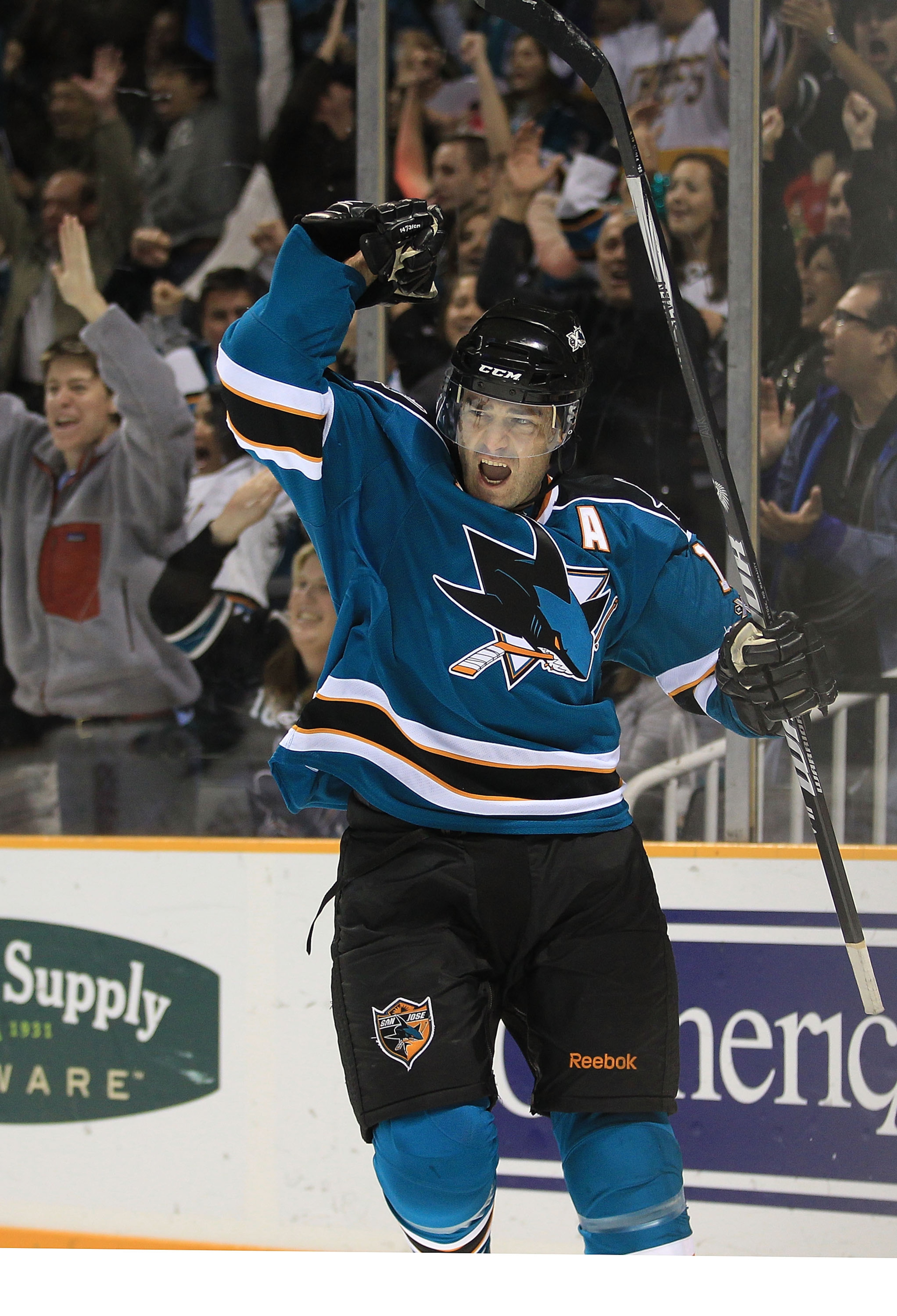 SAN JOSE, CA - NOVEMBER 24:  Patrick Marleau #12 of the San Jose Sharks celebrates after he scored a goal against the Chicago Blackhawks at HP Pavilion on November 24, 2010 in San Jose, California.  (Photo by Ezra Shaw/Getty Images)