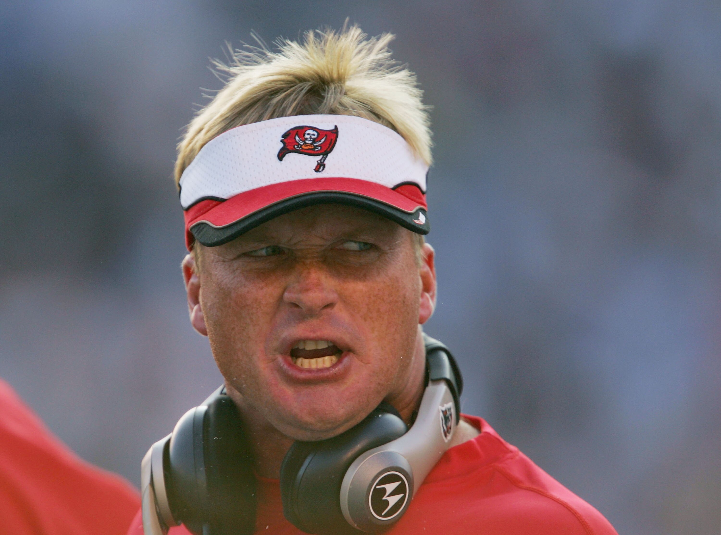 SAN DIEGO - DECEMBER 12:  Head coach Jon Gruden of the Tampa Bay Buccaneers directs his team in the 1st quarter against the San Diego Chargers on December 12, 2004 at Qualcomm Stadium in San Diego, California.  (Photo by Lisa Blumenfeld/Getty Images)